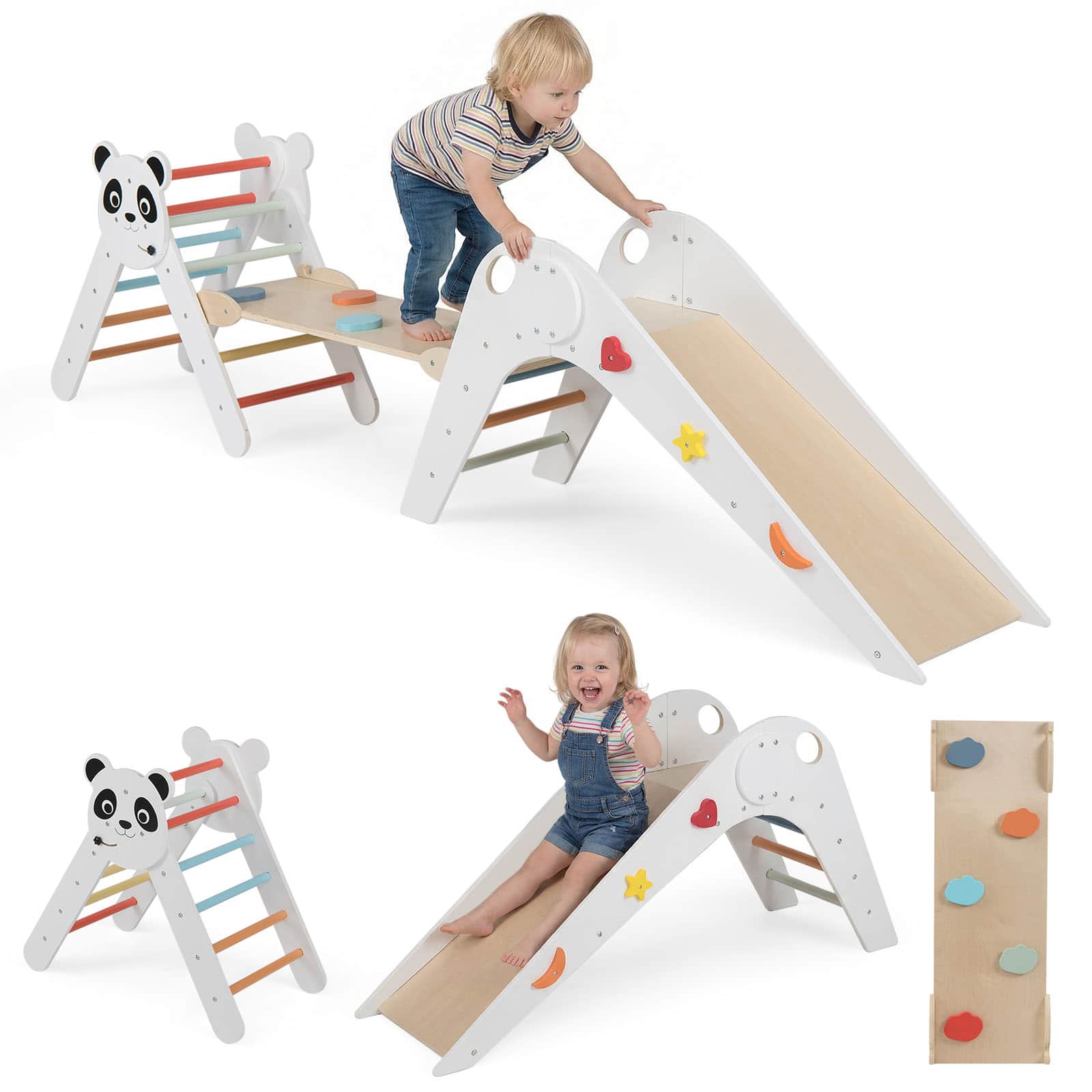 Gymax - Panda-Themed Wood Montessori Climbing Set w/Slide Ramp Ladder & Cartoon Blocks - White