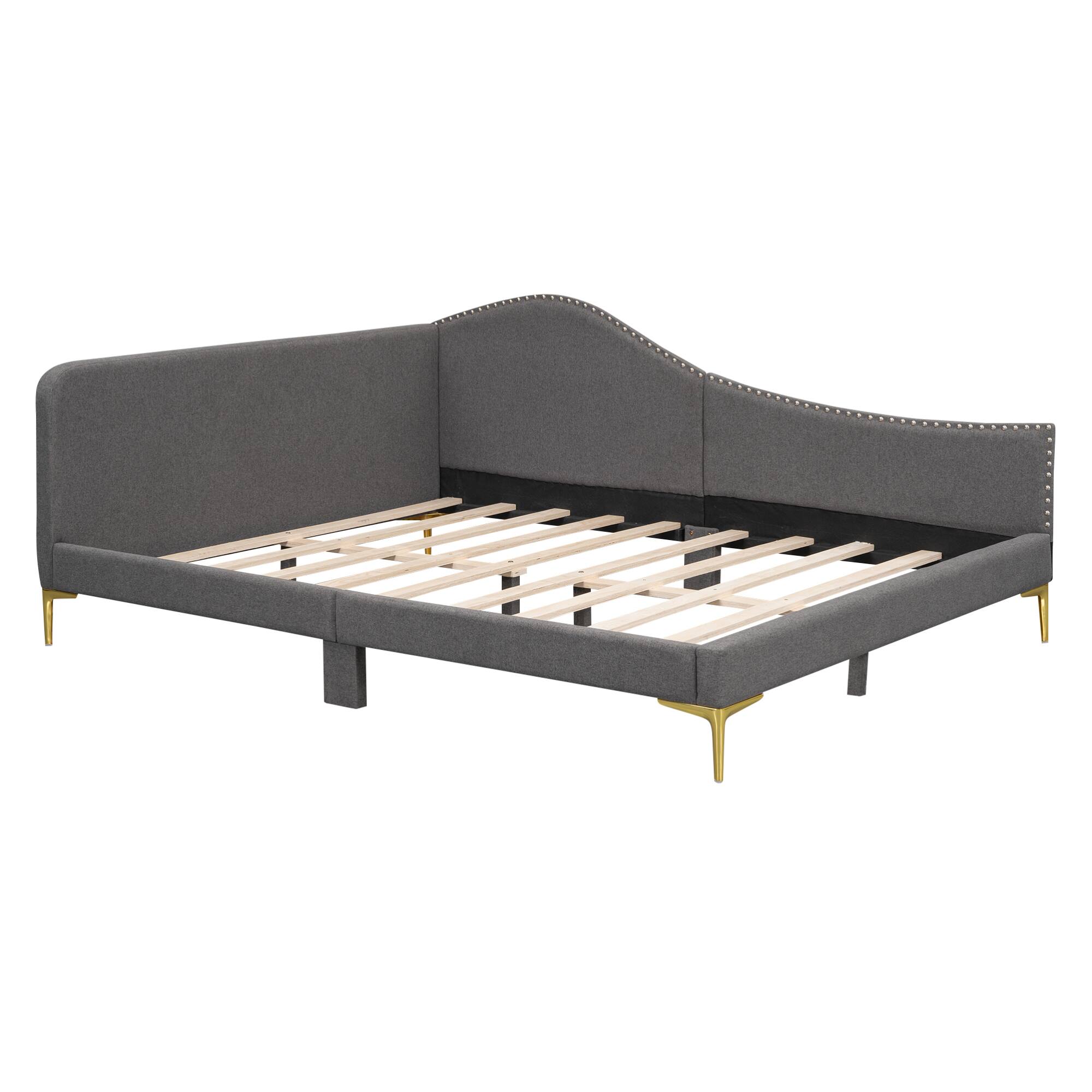 Alt View 8. GOODSILO - Full Size Upholstered Daybed with Headboard and Armrest, Support Legs - Grey.