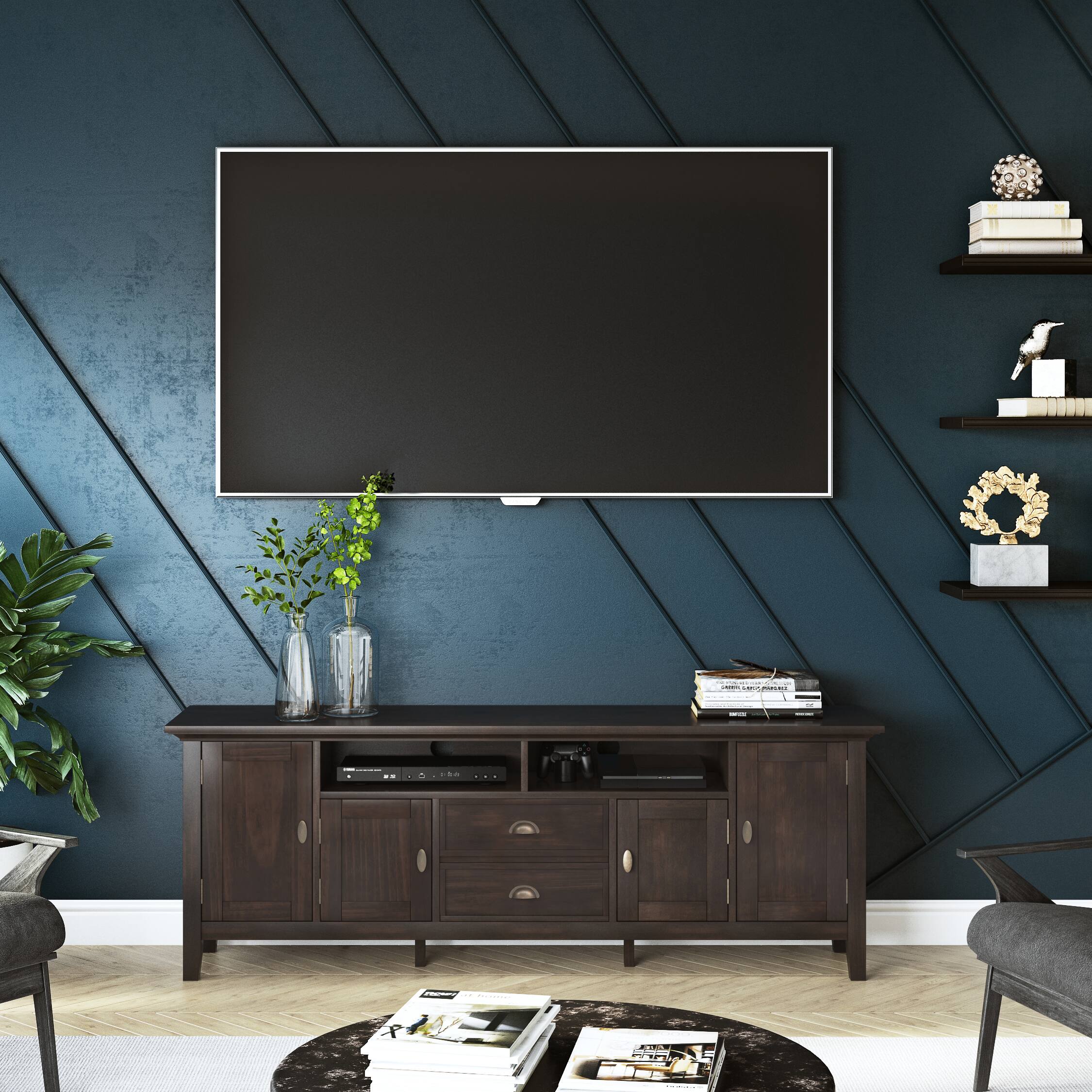 Angle. Simpli Home - Redmond SOLID WOOD 72 inch TV Media Stand in Brunette Brown For TVs up to 80 inches - Brunette Brown.