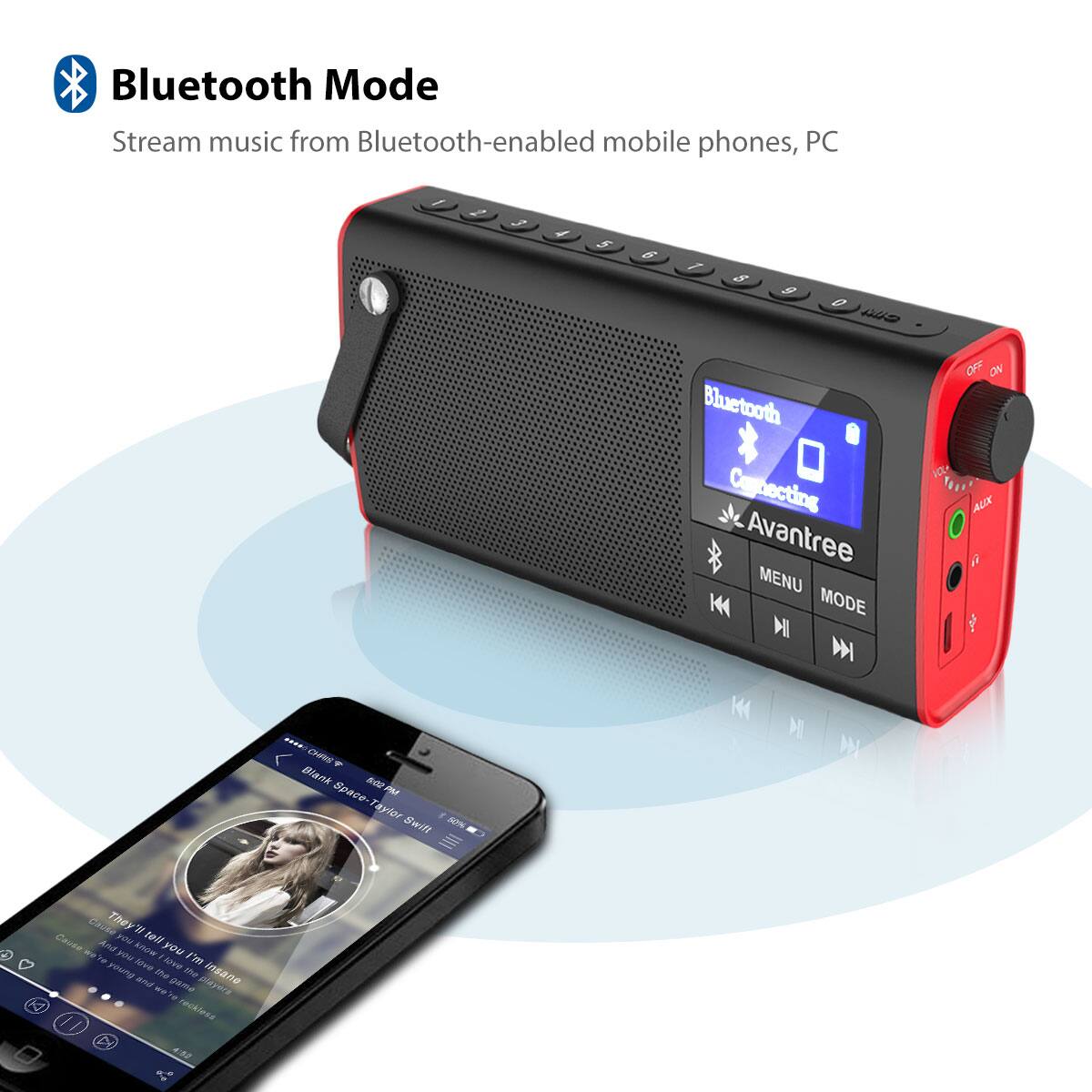 Bluetooth Mode  
Stream music from Bluetooth-enabled mobile phones, PC  

Bluetooth  
Connecting  
Avantree  

MENU  
MODE  

Black Space - Taylor Swift  
They'll tell you I'm imagining  
they're playing and panicking  
and I'm rockless  
4:02