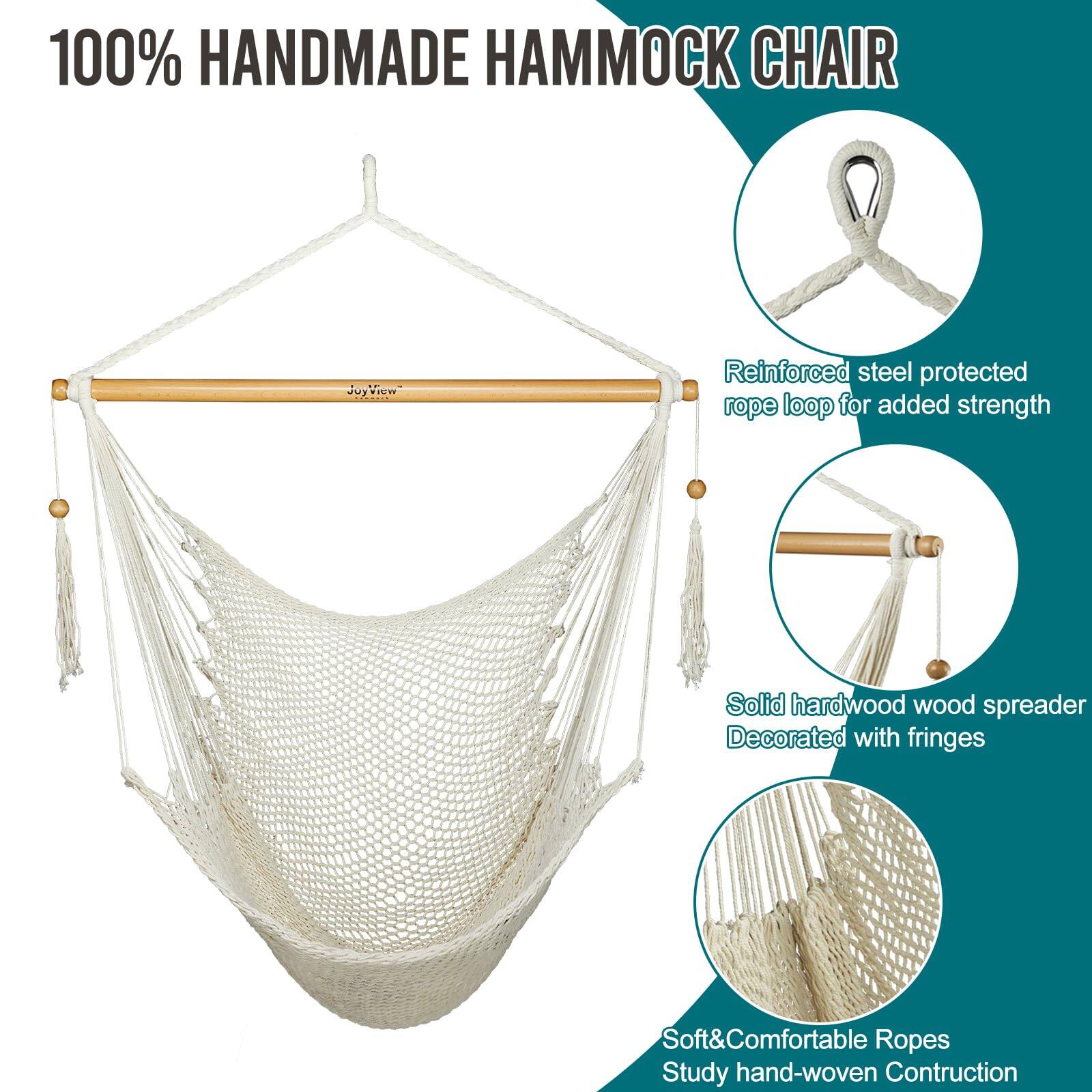 100% HANDMADE HAMMOCK CHAIR

- Reinforced steel protected rope loop for added strength
- Solid hardwood wood spreader Decorated with fringes
- Soft & Comfortable Ropes Study hand-woven Construction