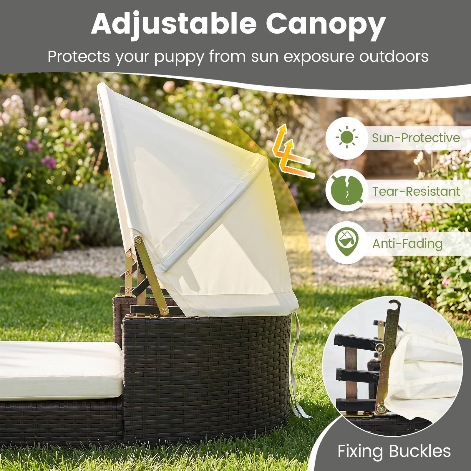Adjustable Canopy  
Protects your puppy from sun exposure outdoors

Sun-Protective  
Tear-Resistant  
Anti-Fading  
Fixing Buckles