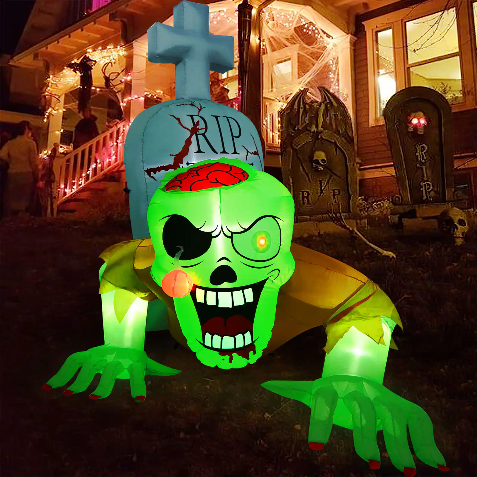 Alt View 1. CAMULAND - 5.7FT Halloween Decorations Inflatable Crawling Green Ghost with Tombstone - Green.