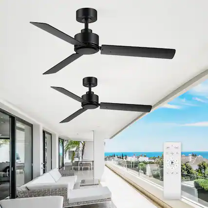 Front. Breezary - 48-Inch Indoor Ceiling Fan with 3 Plywood Blades, DC Motor, 6-Speed Remote, 5'' Downrod, Light/No Light, 1 or 2-Pack - Black-2 Pack (Without Light).