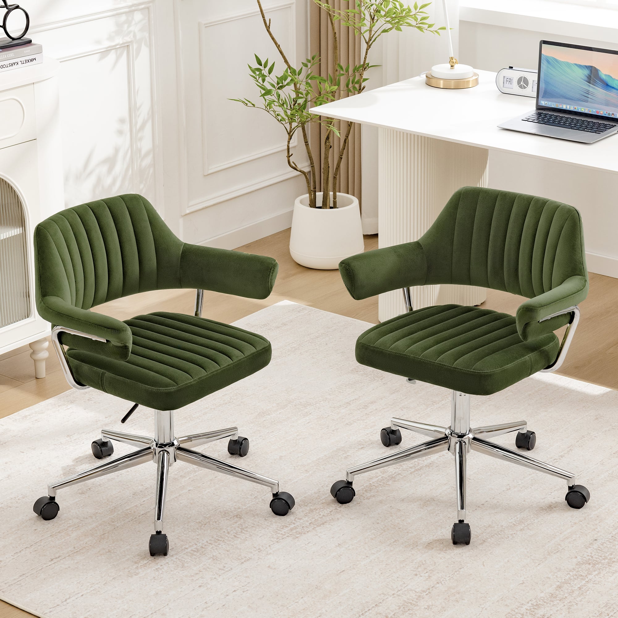KERDOM - Rolling Mid Back Computer Chair, Swivel Makeup Chair with Arms, Adjustable Height Modern Style Velvet Home Office Chair - Green-2PCS