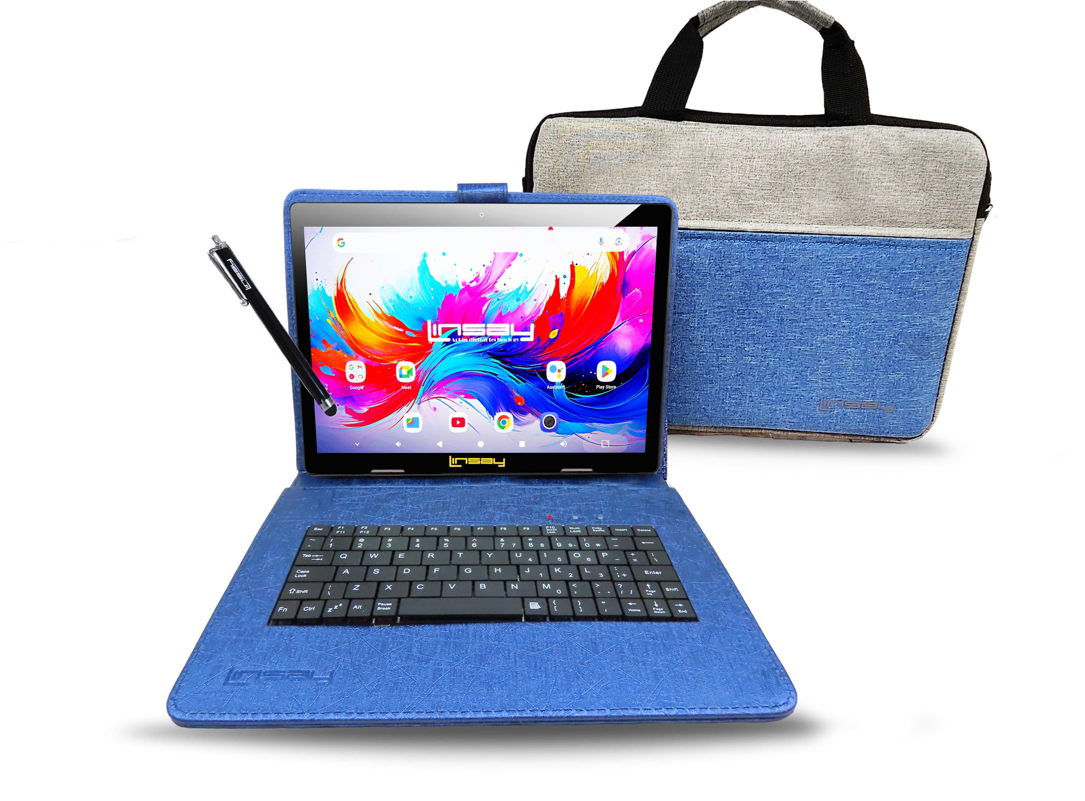 LINSAY - 10.1" Octa Core 256GB Storage Android 15 with Unique Oracle Keyboard Case and Tablet Briefcase - Blue