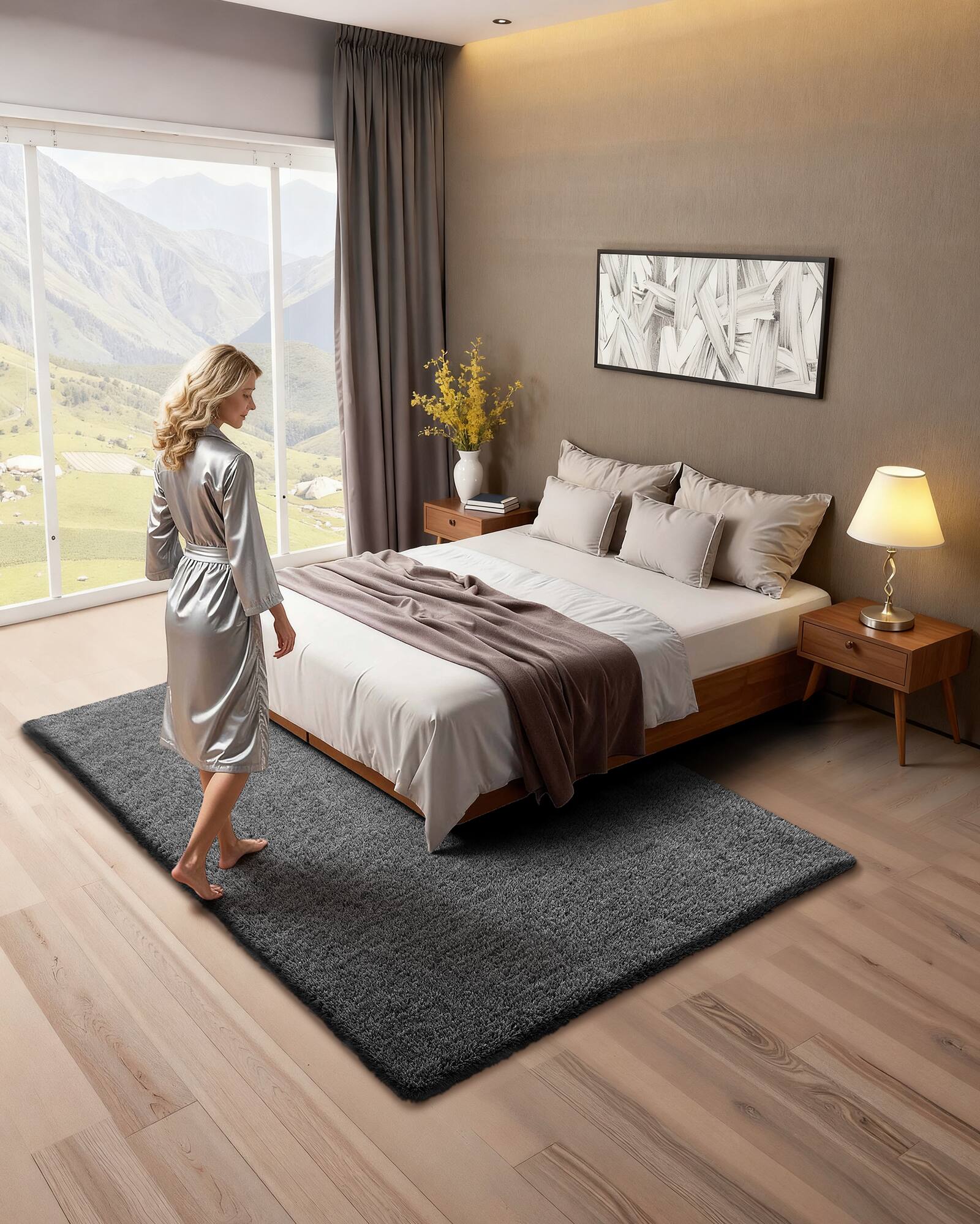 Angle. VEVOR - Indoor Plush Area Rugs, 5 x 8 ft Soft Plush Carpet, Furry Shag Area Rugs for Living Room, Bedroom, Sunroom - Grey.