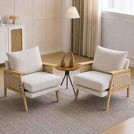 Winado - Boho Rattan Braided Chenille Accent Chair Set of 2 with Solid Wood 3.15" Wide Armrestswith Lumbar Pillow for Living Room - Beige