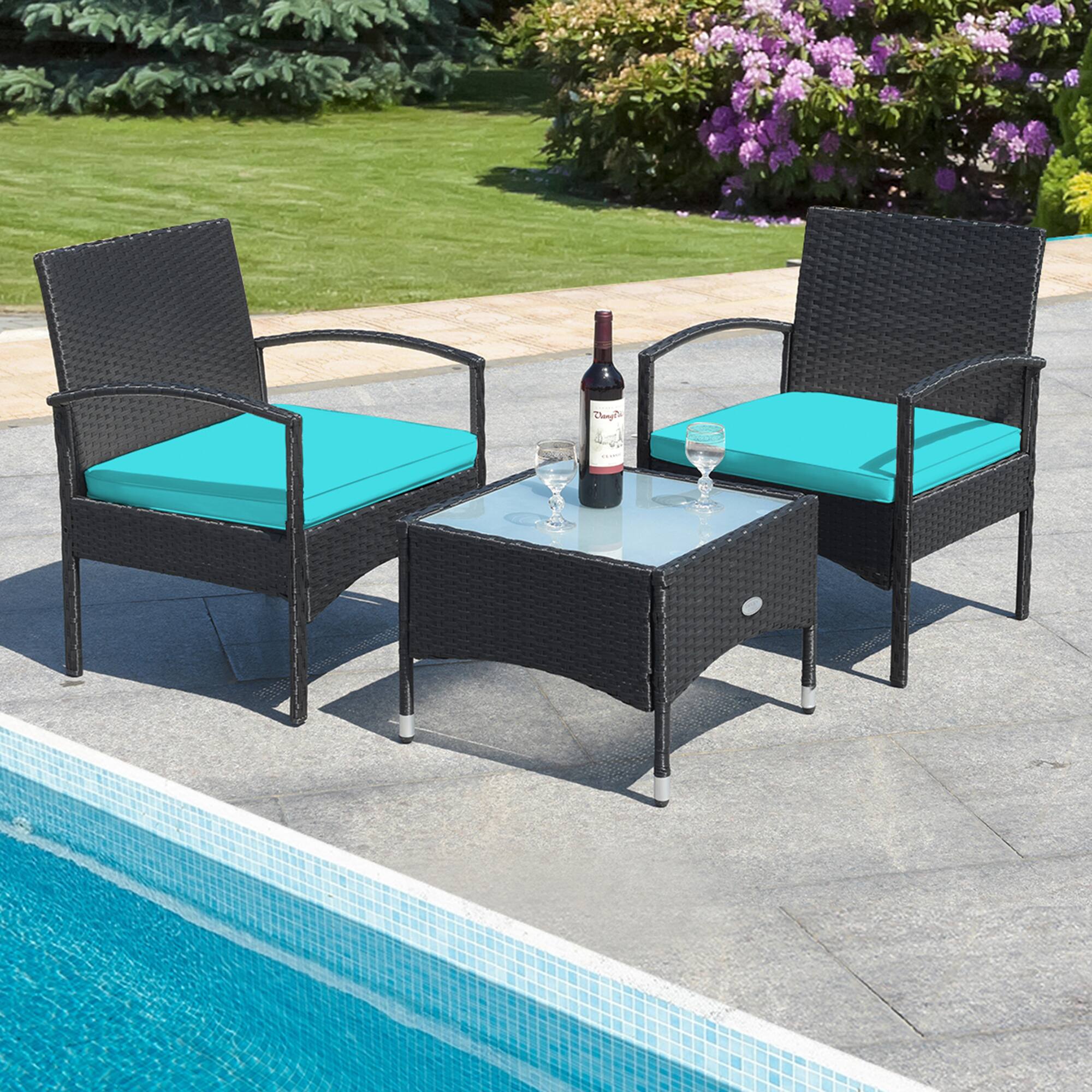 Alt View 3. Gymax - Gymax 3 PCS Patio Wicker Rattan Furniture Set Coffee Table & 2 Rattan Chair w/ Cushion Turquoise - Turquoise.
