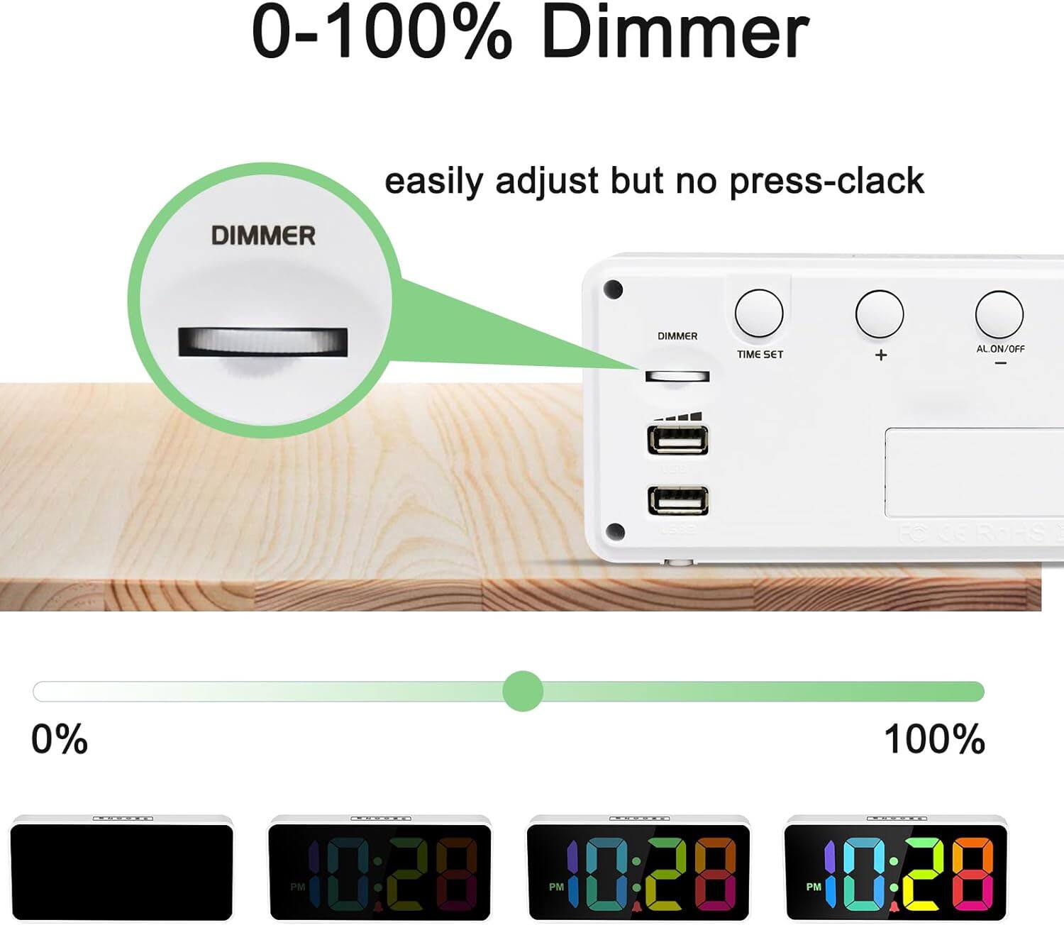0-100% Dimmer

easily adjust but no press-clack

DIMMER TIME SET + AL ON/OFF

0% 100%

10:28 PM 10:28 PM 10:28