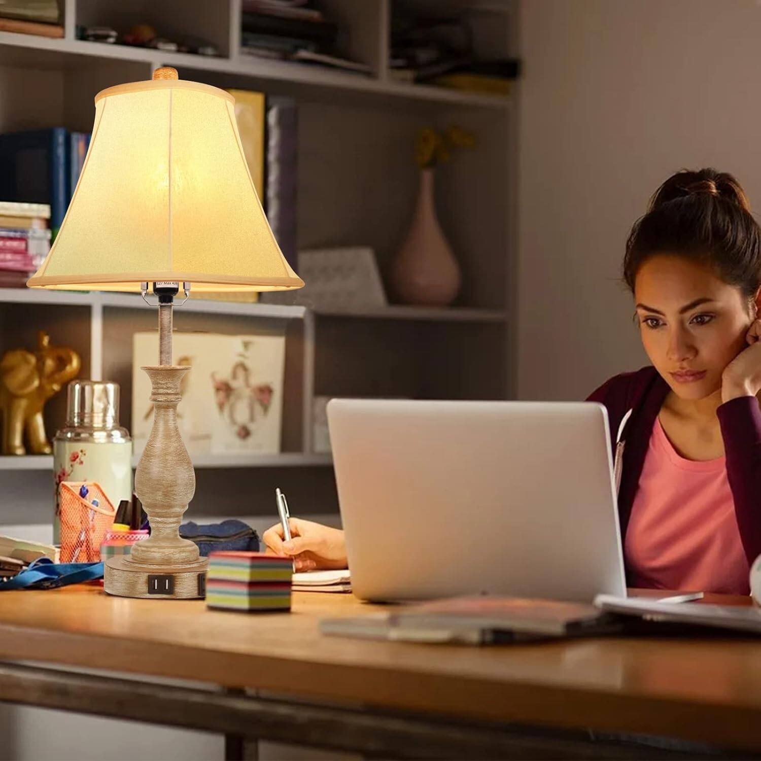 Alt View 2. Stamp n Camp - Farmhouse Table Lamp Touch Control 3-Way Dimmable Table Lamp Modern Nightstand Lamp with 2 USB Port Bedside Desk... - Pack 1-Beige Shade & Pull Chain.