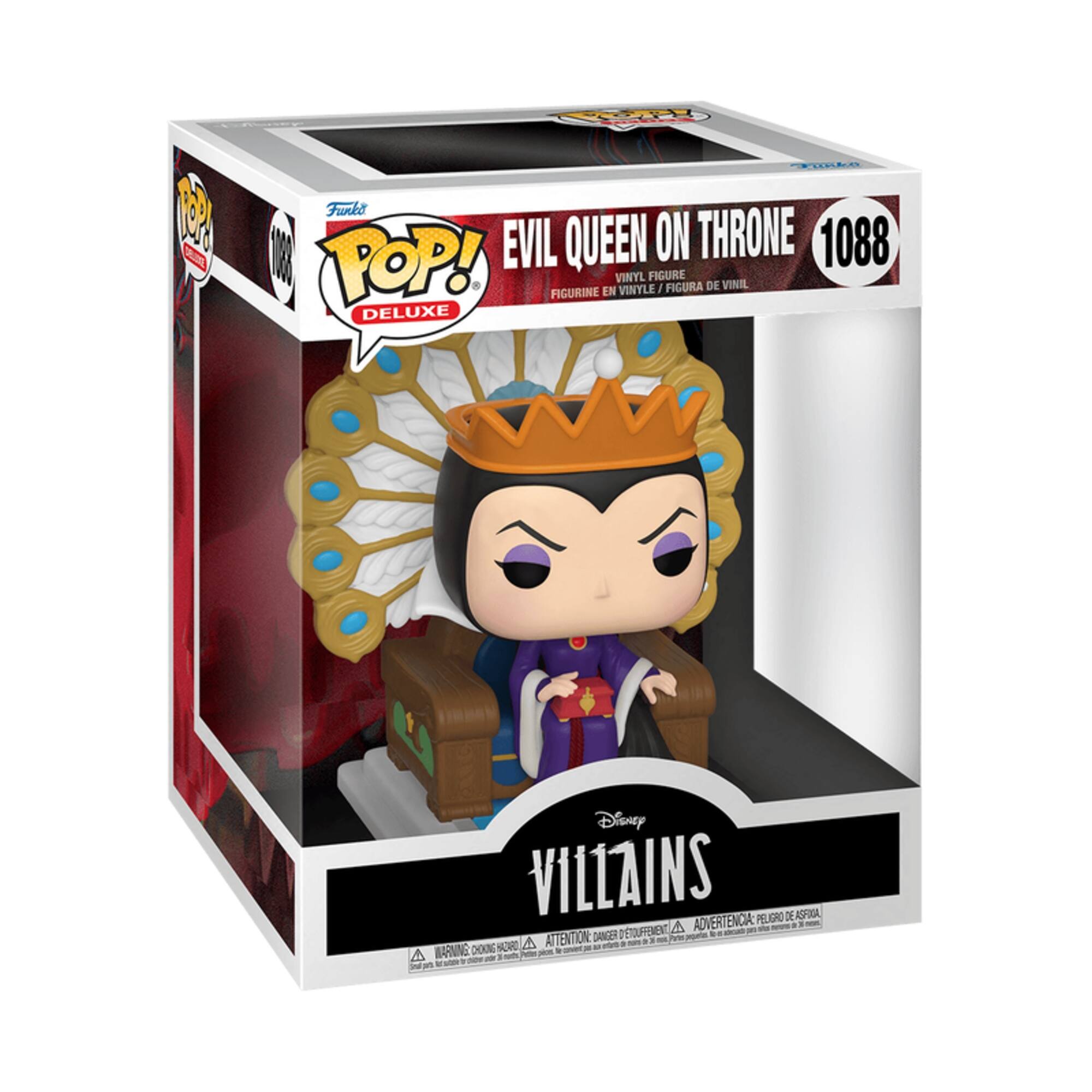 FURER 1 Furke 2 W EVIL QUEEN ON THRONE 1088 POP! FIGURINE EN VINYLE FIGURE I FIGURA DE VINIL DELUXE Disney VILLAINS DE ASPRA ADVERTENCIA: PELIGRO . - DETOUFEMENT A - DANGER -ing_to .. NORD A ATTENTION - - - - a - A MARNING 200 - - . - - - ioing_to_tras I a - -