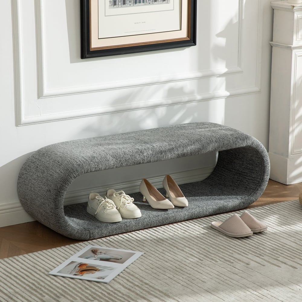 Ropilly - 52 Inch Modern Chenille Upholstered Entryway Shoe Bench, End of Bed Bench with Iron Frame - Gray