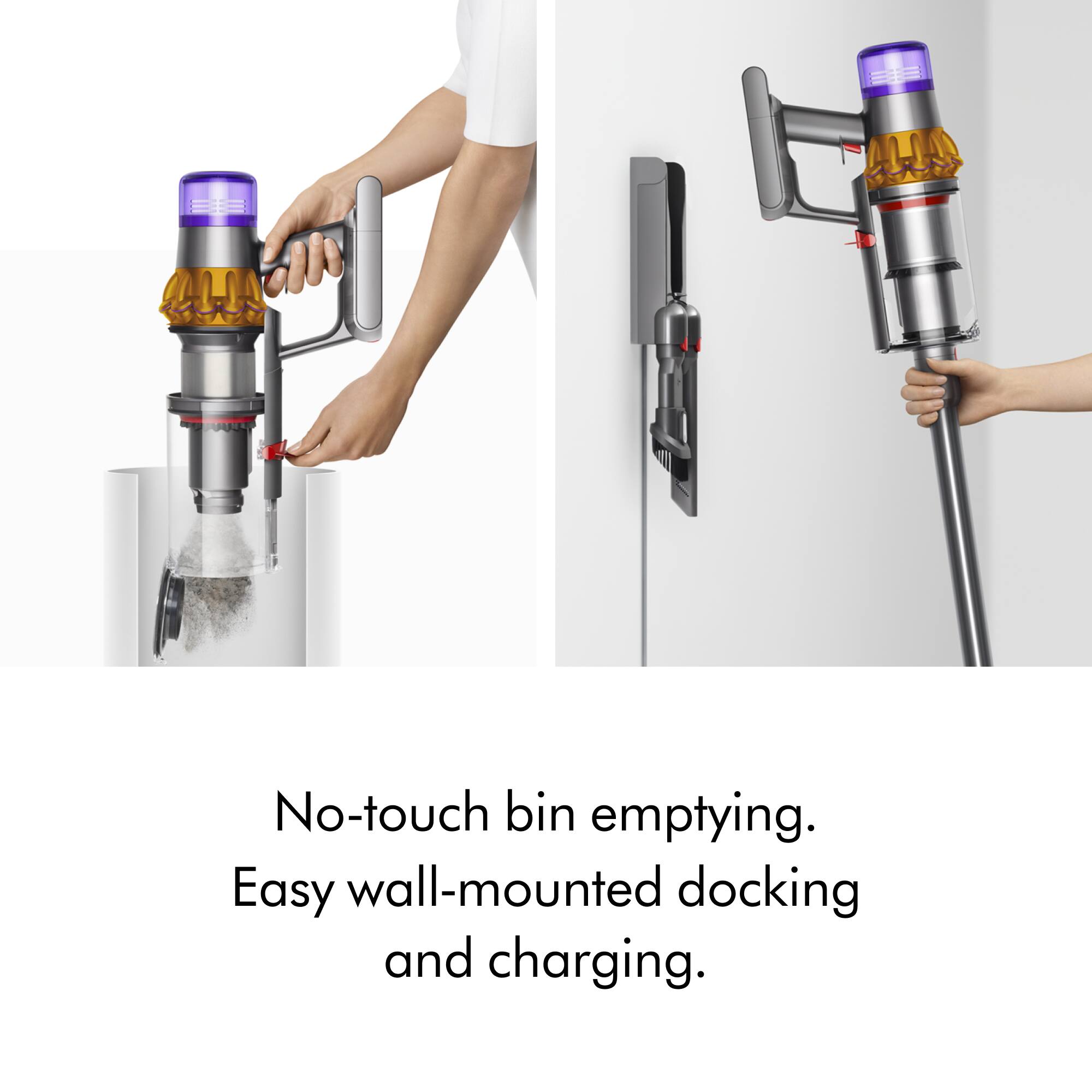 No-touch bin emptying. Easy wall-mounted docking and charging.