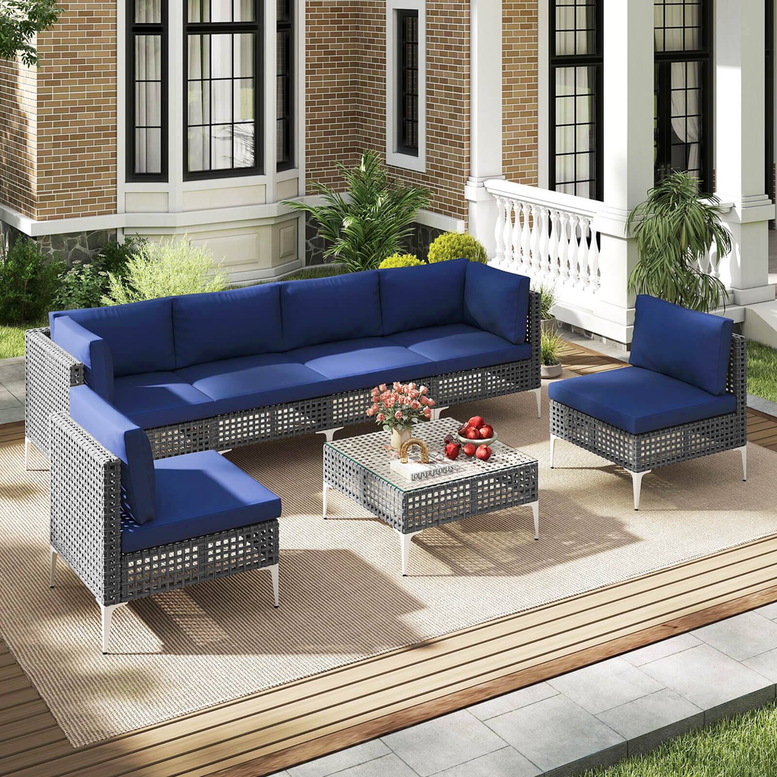 Alt View 3. Costway - Costway 7 Piece Outdoor Furniture Set with Seat & Back Cushions Tempered Glass Coffee Table - Navy.