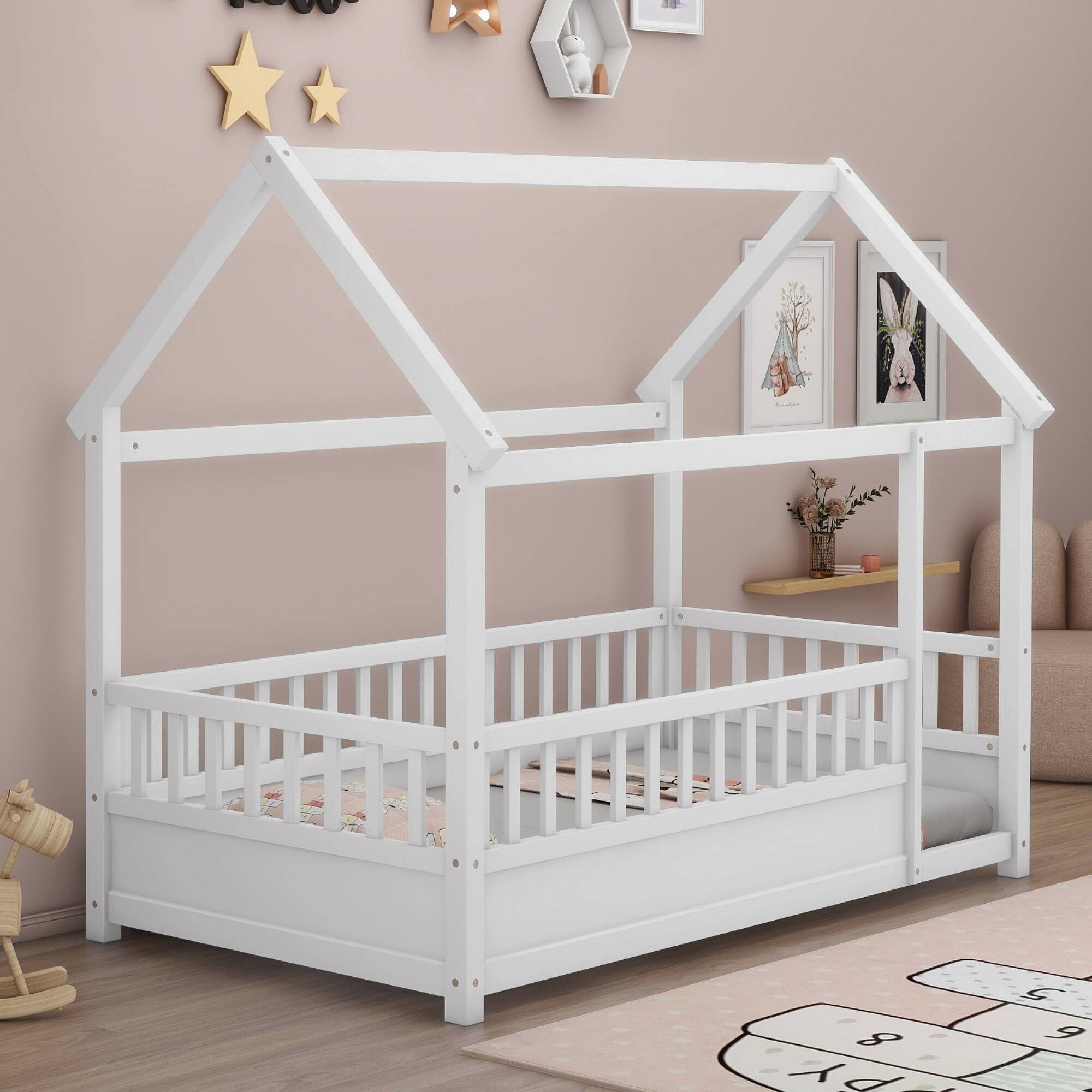 Angle. GOODSILO - Twin Size Floor Bed with Playhouse Roof Design and Safety Guardrails for Children's Bedroom - White.