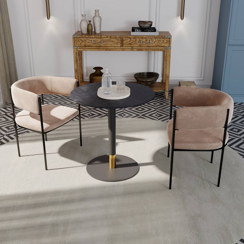 Left. LeisureMod - Vail 27 Inch Round Dining Table with MDF Top and Black/Gold Base, Modern Small Kitchen Bistro Accent Table - Black.