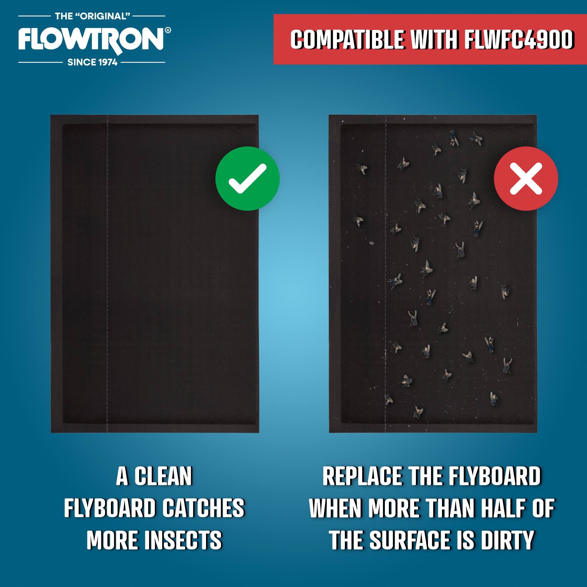 THE "ORIGINAL" FLOWTRON SINCE 1974  
COMPATIBLE WITH FLWFC4900  

A CLEAN FLYBOARD CATCHES MORE INSECTS  

REPLACE THE FLYBOARD WHEN MORE THAN HALF OF THE SURFACE IS DIRTY