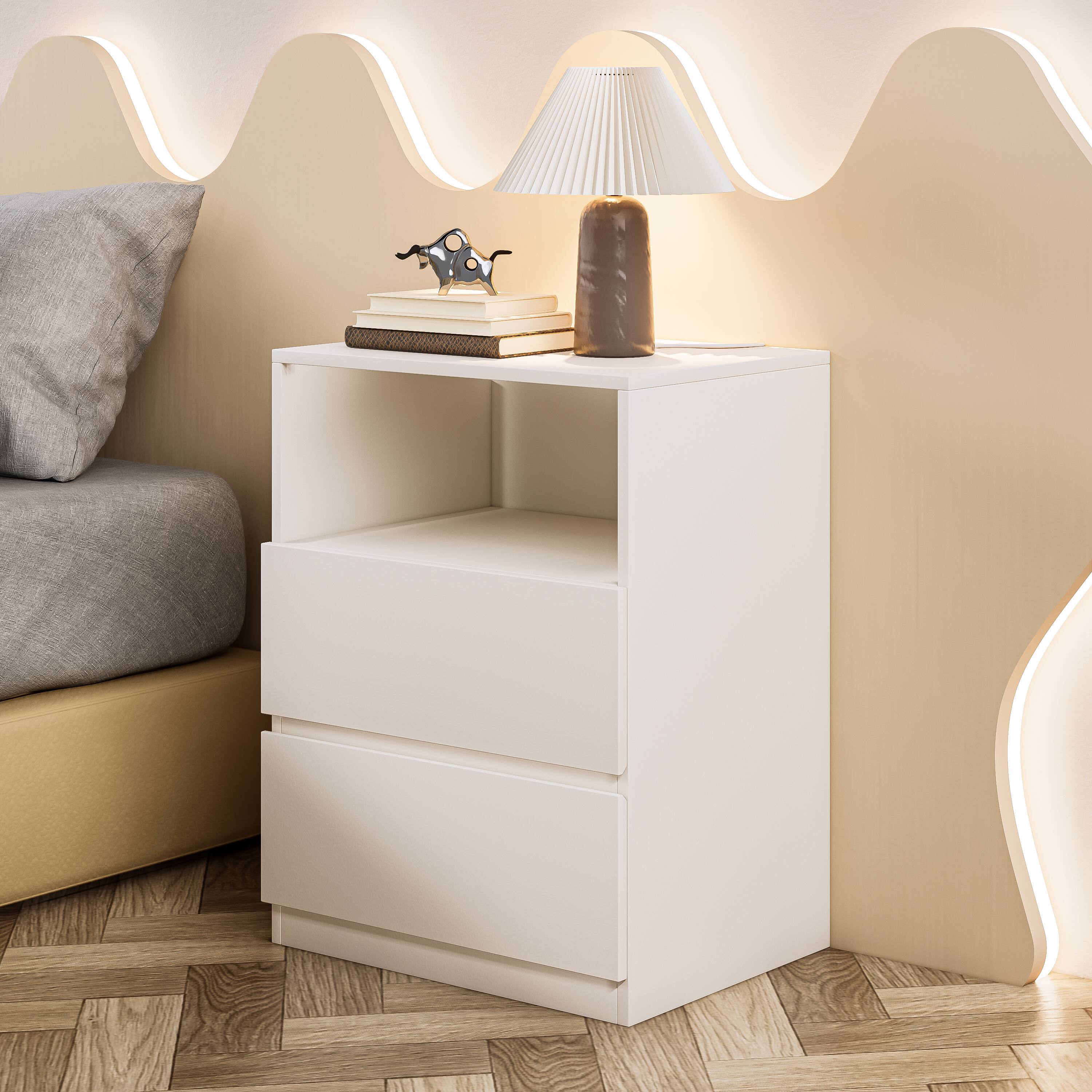 Front. MSOOB - Wooden Storage Cabinet, Freestanding Floor Cabinet Nightstands with 2 Drawers for Living Room - White.