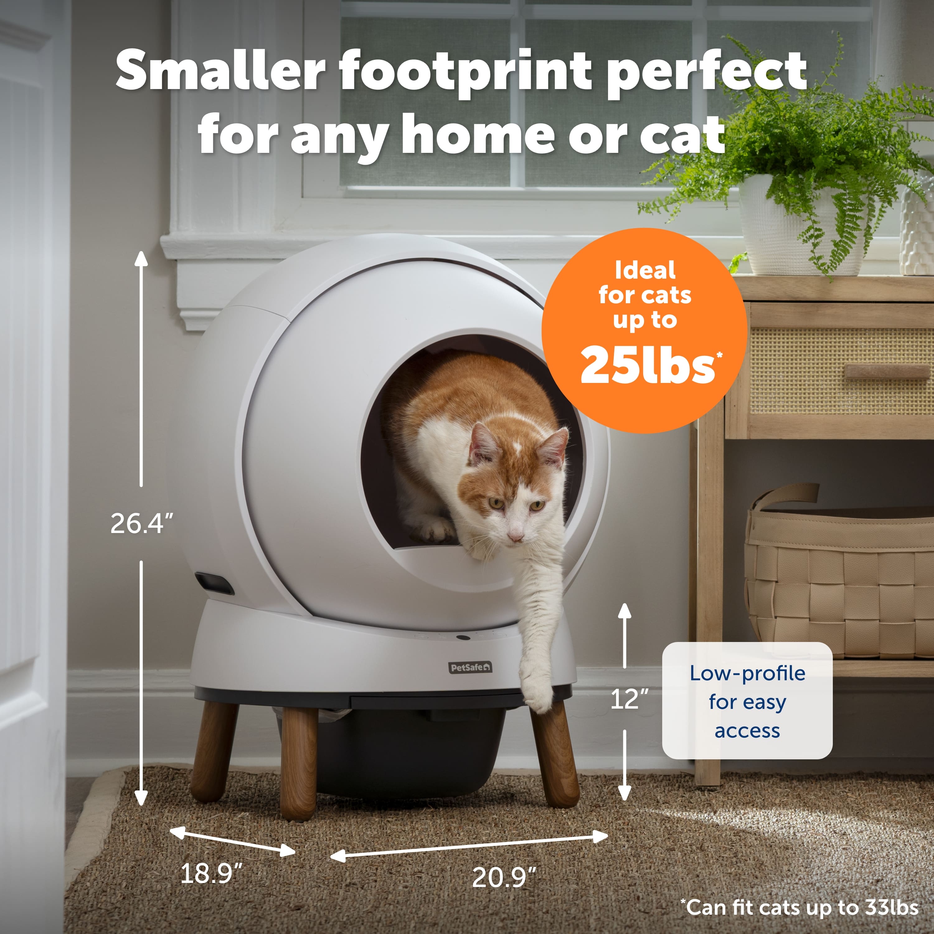 The text on the image reads: "Smaller footprint perfect for any home or cat. Ideal for cats up to 25lbs. 26.4" PetSalen Low-profile 12" for easy access. 18.9" 20.9" Can fit cats up to 33lbs."