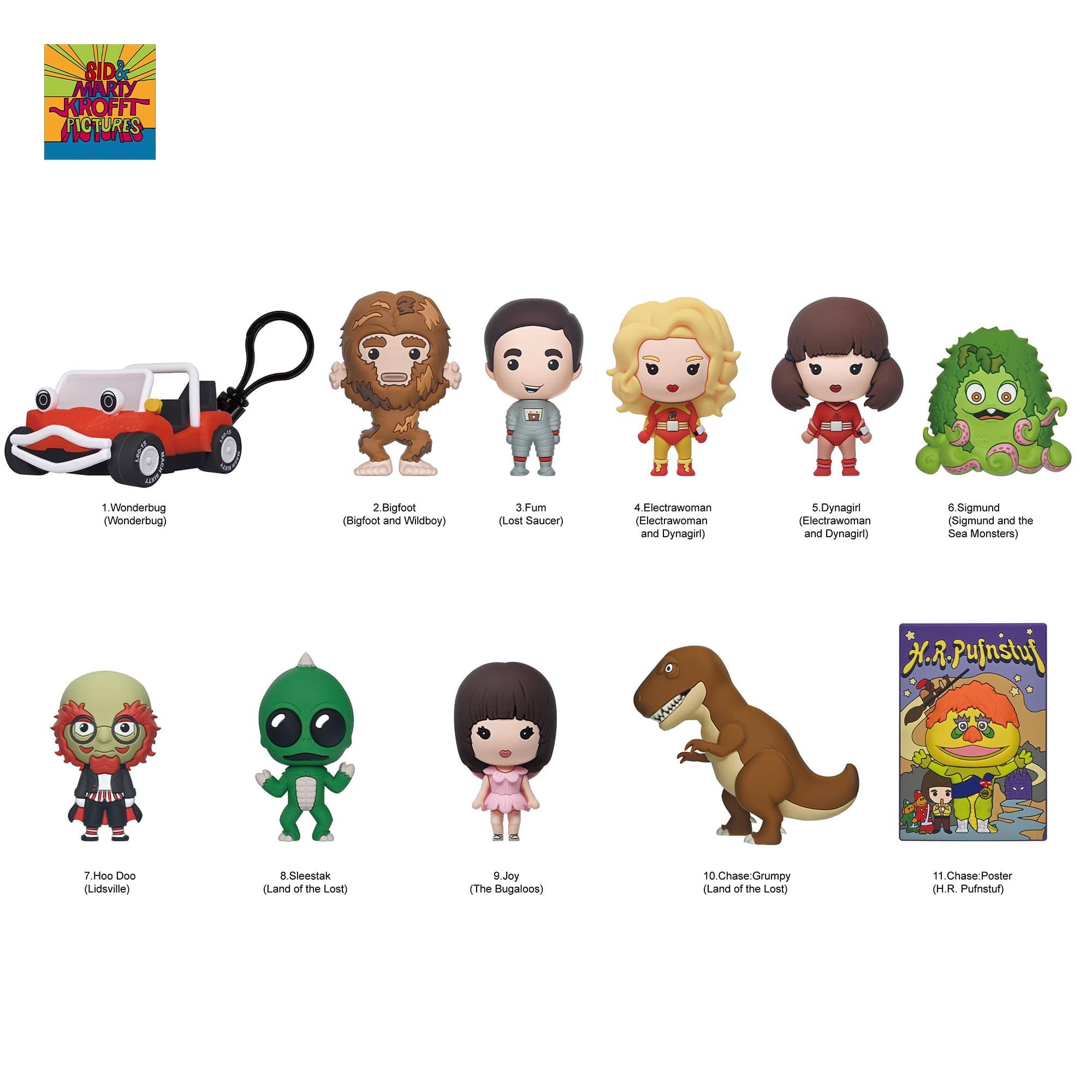 SID: MARTY KROFFT PICTURES

1. Wonderbug (Wonderbug)
2. Bigfoot (Bigfoot and Wildboy)
3. Fum (Lost Saucer)
4. Electrawoman (Electrawoman and Dynagirl)
5. Dynagirl (Electrawoman and Dynagirl)
6. Sigmund (Sigmund and the Sea Monsters)
7. Hoo Doo (Lidsville)
8. Sleestak (Land of the Lost)
9. Joy (The Bugaloos)
10. Chase Grumpy (Land of the Lost)
11. Chase Poster (H.R. Pufnstuf)