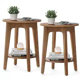 Songmics Home - Set of 2 Side Tables, 2-Tier Small Round End Tables, Nightstands with Tapered Legs, Curved Transitions, for Small Spaces - Honey Brown
