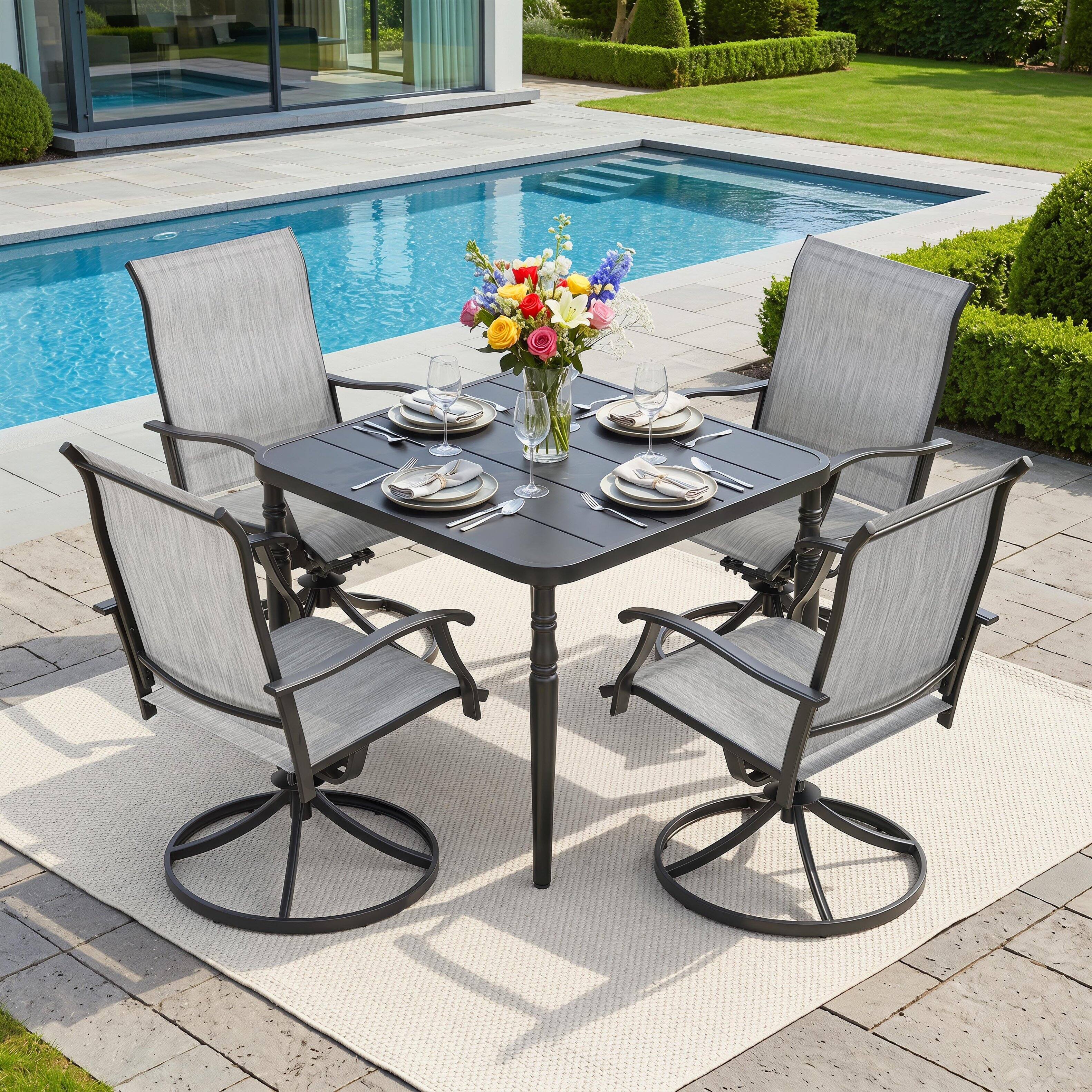 Angle. Nuu Garden - 5-Piece Patio Dining Set with Umbrella Hole, Textilene Swivel Chairs - Black and Gray.