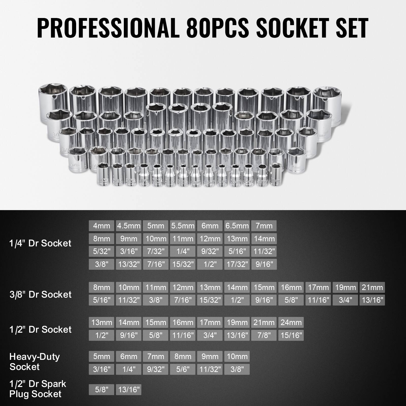 PROFESSIONAL 80PCS SOCKET SET

1/4" Dr Socket
4mm 4.5mm 5mm 5.5mm 6mm 6.5mm 7mm
8mm 9mm 10mm 11mm 12mm 13mm 14mm
5/32" 3/16" 7/32" 1/4" 9/32" 5/16" 11/32" 3/8" 13/32" 7/16" 15/32" 1/2" 17/32" 9/16"

3/8" Dr Socket
8mm 10mm 11mm 12mm 13mm 14mm 15mm 16mm 17mm 19mm 21mm
5/16" 11/32" 3/8" 7/16" 15/32" 1/2" 9/16" 5/8" 11/16" 3/4" 13/16" 7/8" 15/16"

1/2" Dr Socket
13mm 14mm 15mm 16mm 17mm 19mm 21mm 24mm
1/2" 9/16" 5/8" 11/16" 3/4" 13/16"

Heavy-Duty Socket
1/2" Dr Spark Plug Socket
5mm 6mm 7mm 8mm 9mm 10mm 3/16" 1/4" 9/32" 5/6" 11/32" 3/8" 5/8" 13/16"