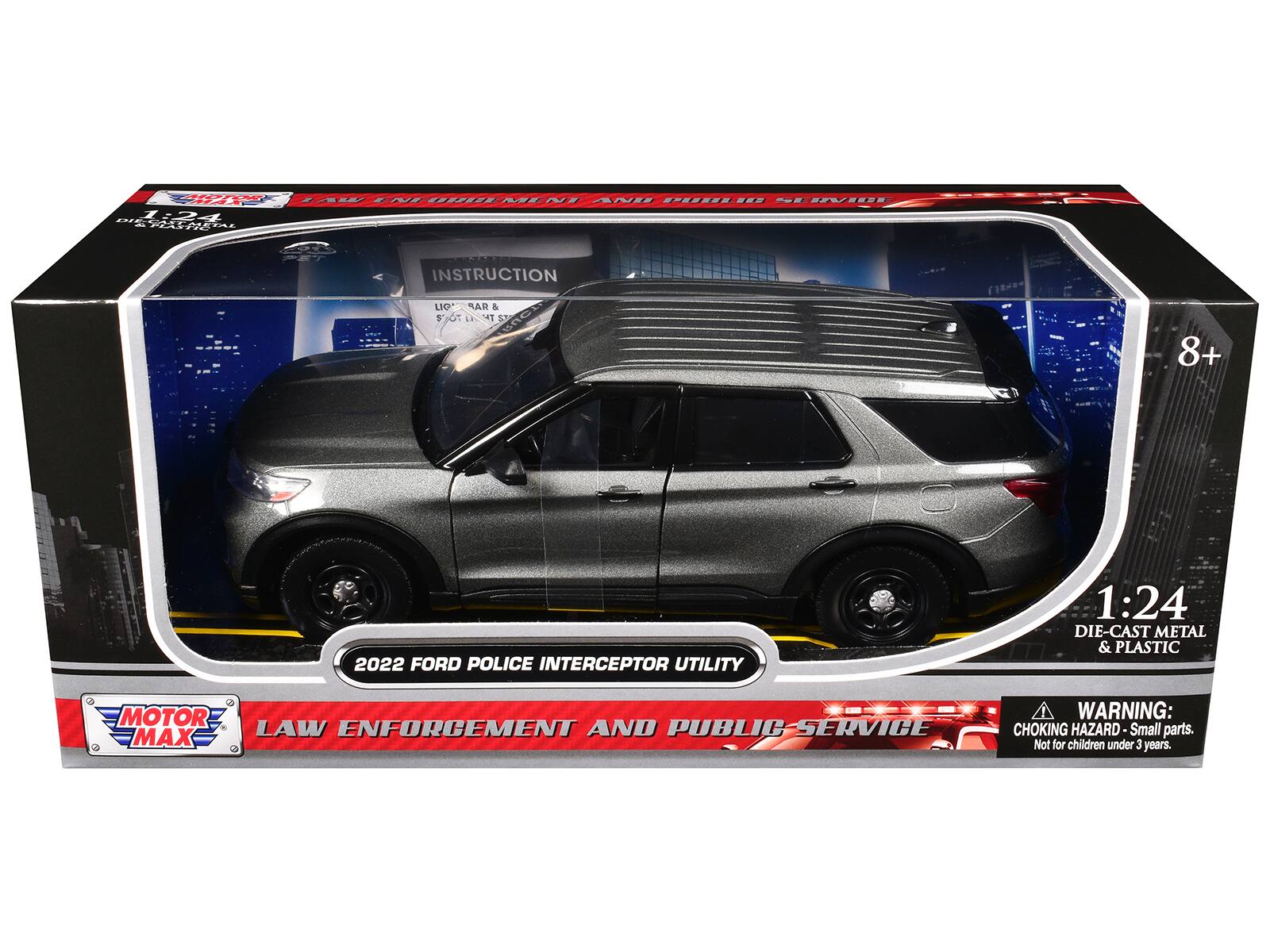E0TUU MA 124 I B APE A AN - A S Ms NS ANE PELIES -- UV FET INSTRUCTION LIO AR FOTO 3 OT LE HTS S7 8+ 2022 FORD POLICE INTERCEPTOR UTILITY 1:24 DIE-CAST METAL & PLASTIC MOTOR LAW ENFORCEMENT AND PUBLIC SERVICE MAX WARNING: CHOKING HAZARD-Small parts. Not for children under 3 years.