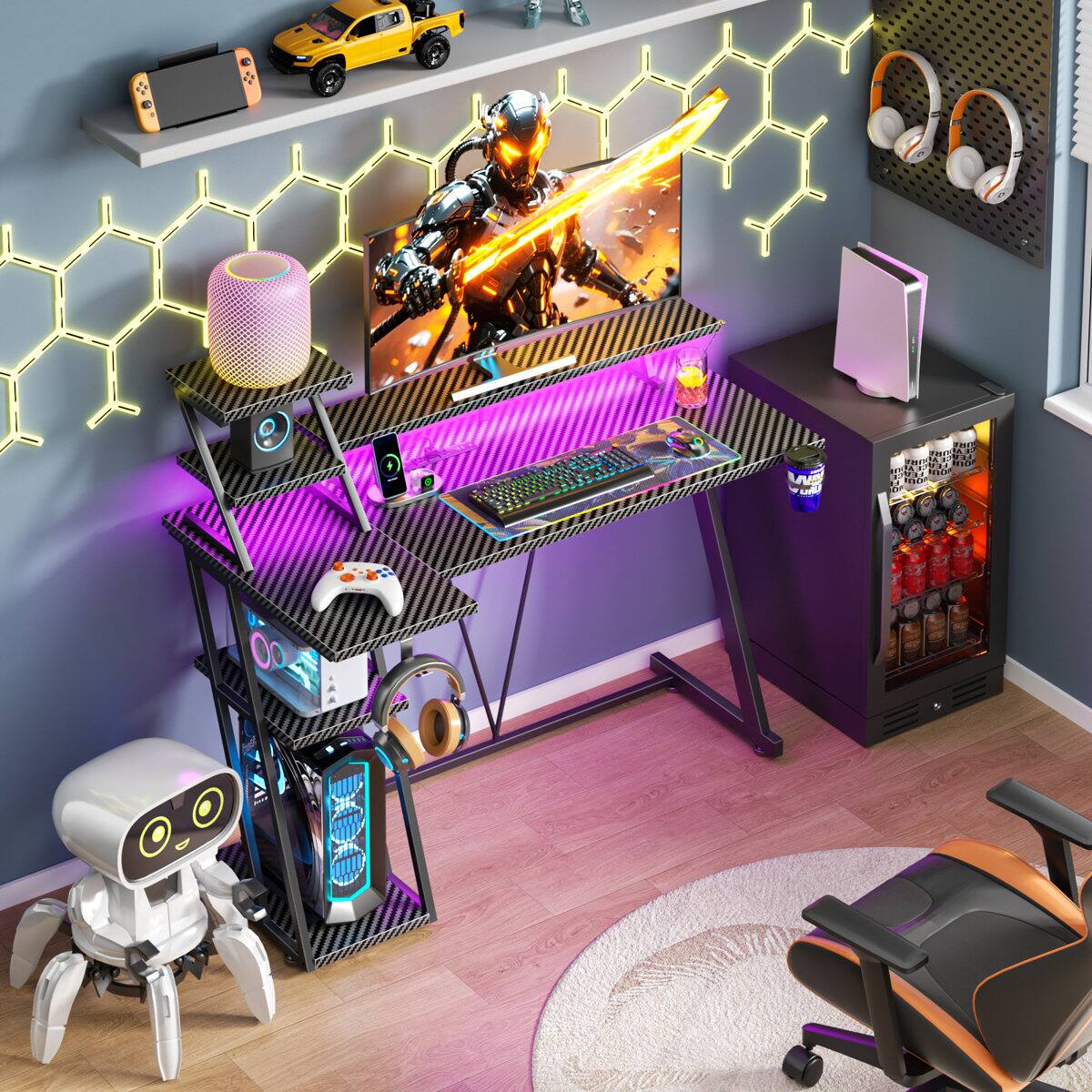 Alt View 1. Furnulem - 39 In Gaming Desk with Monitor  CPU StandHome Office Desk with Power OutletRGB LED LightsCup Holder  Headphone Hook - Black.