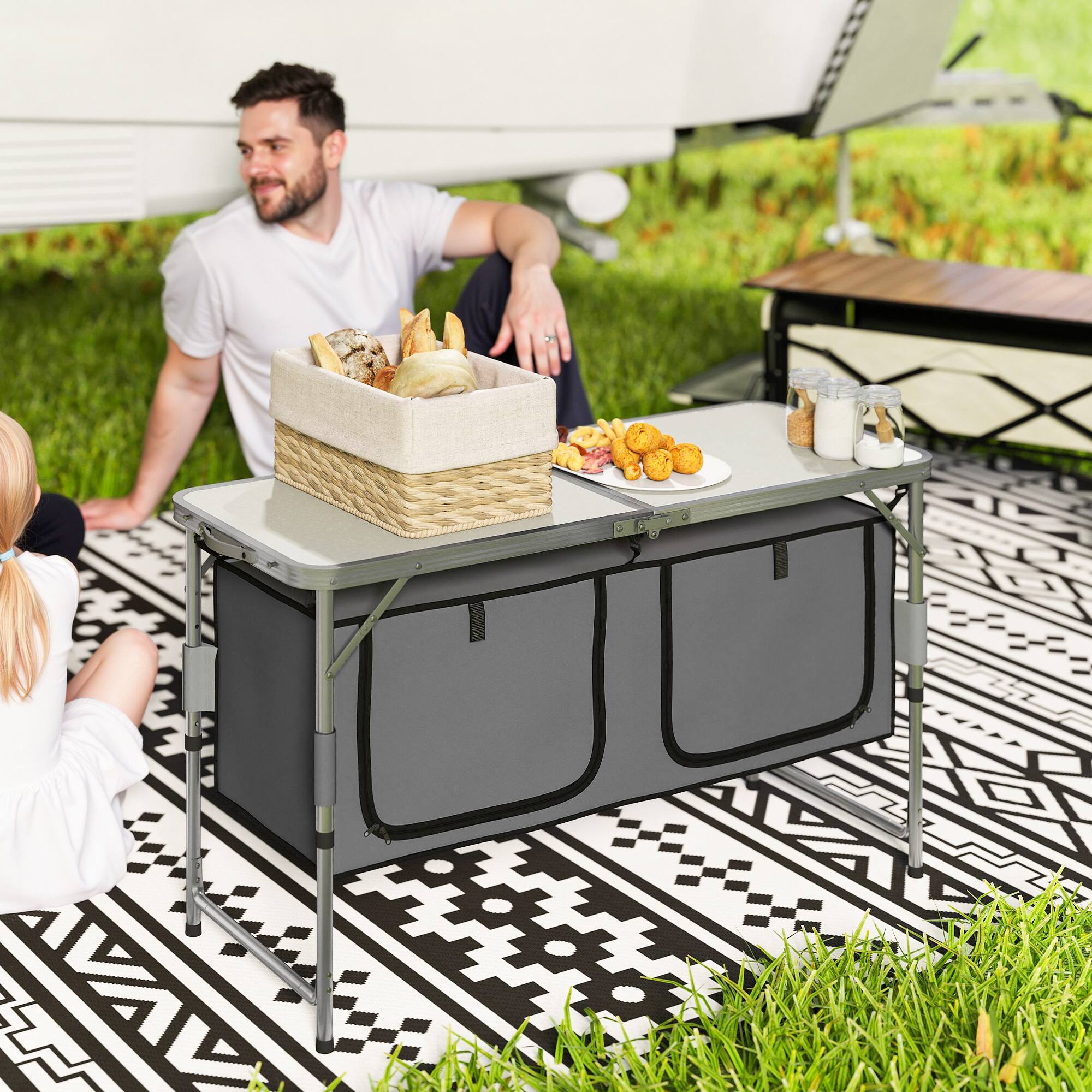 Angle. Outsunny - Outsunny 47" Aluminum Folding Camping Table, Adjustable Height Outdoor Picnic Table - White.