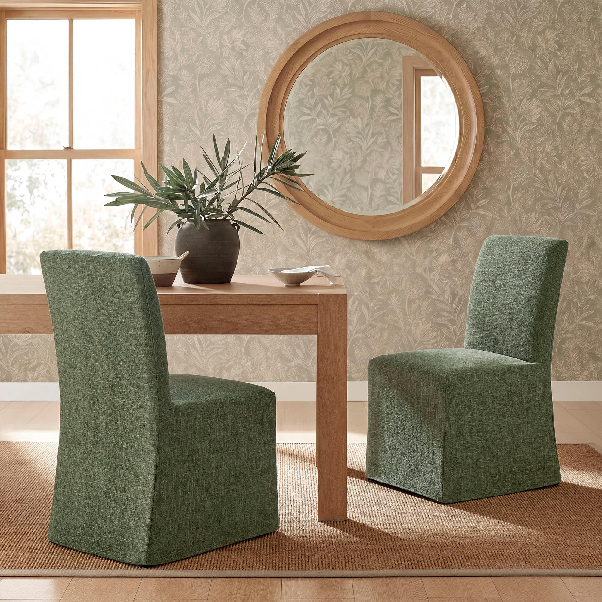 Aster Slub Weave Fabric Slipcovered Dining Chairs Set of 2 by Modway - Foliage