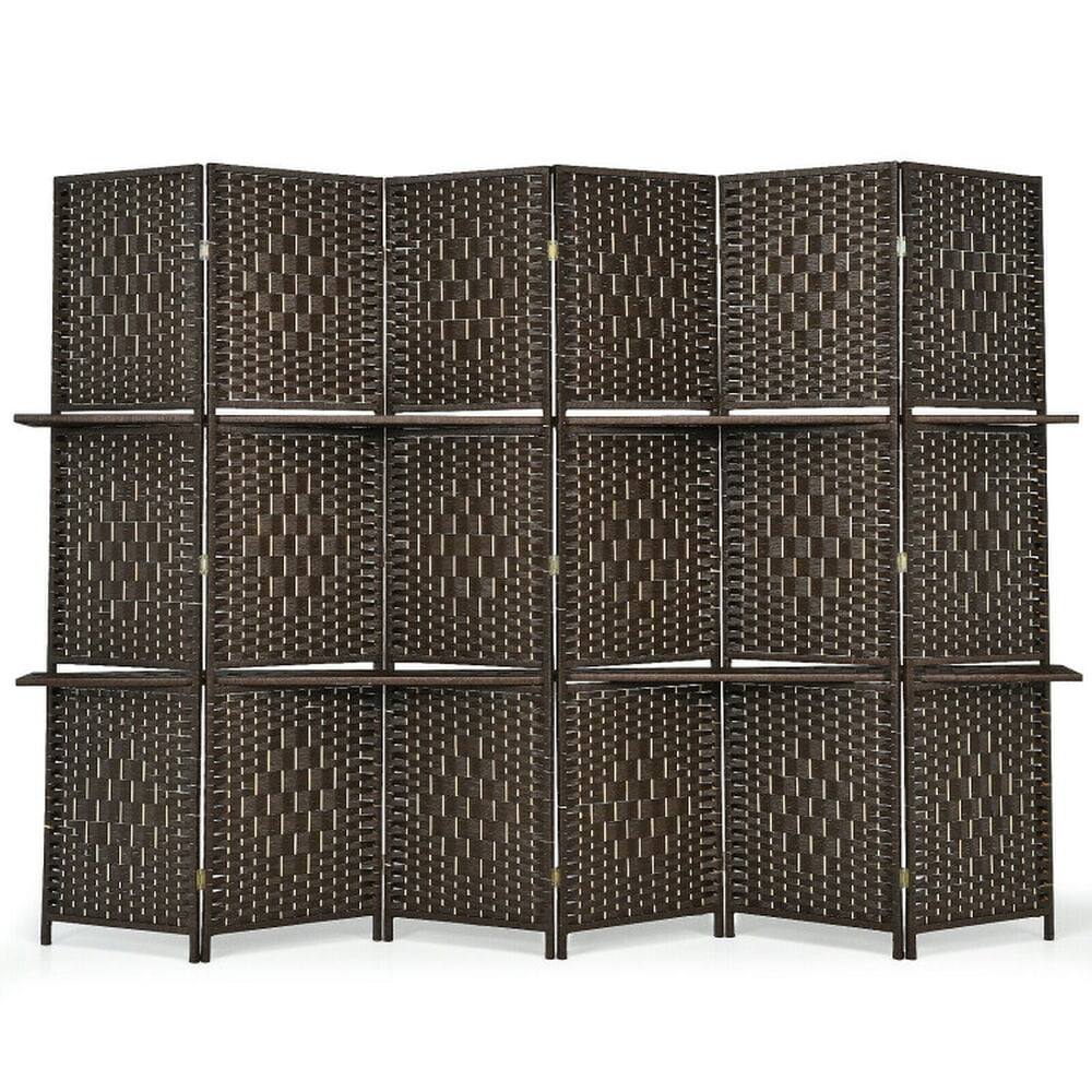 Pefilos - 6 Panel Folding Weave Fiber Room Divider, Multipurpose Room Divider with 2 Display Shelves, Foldable Privacy Screen - Brown