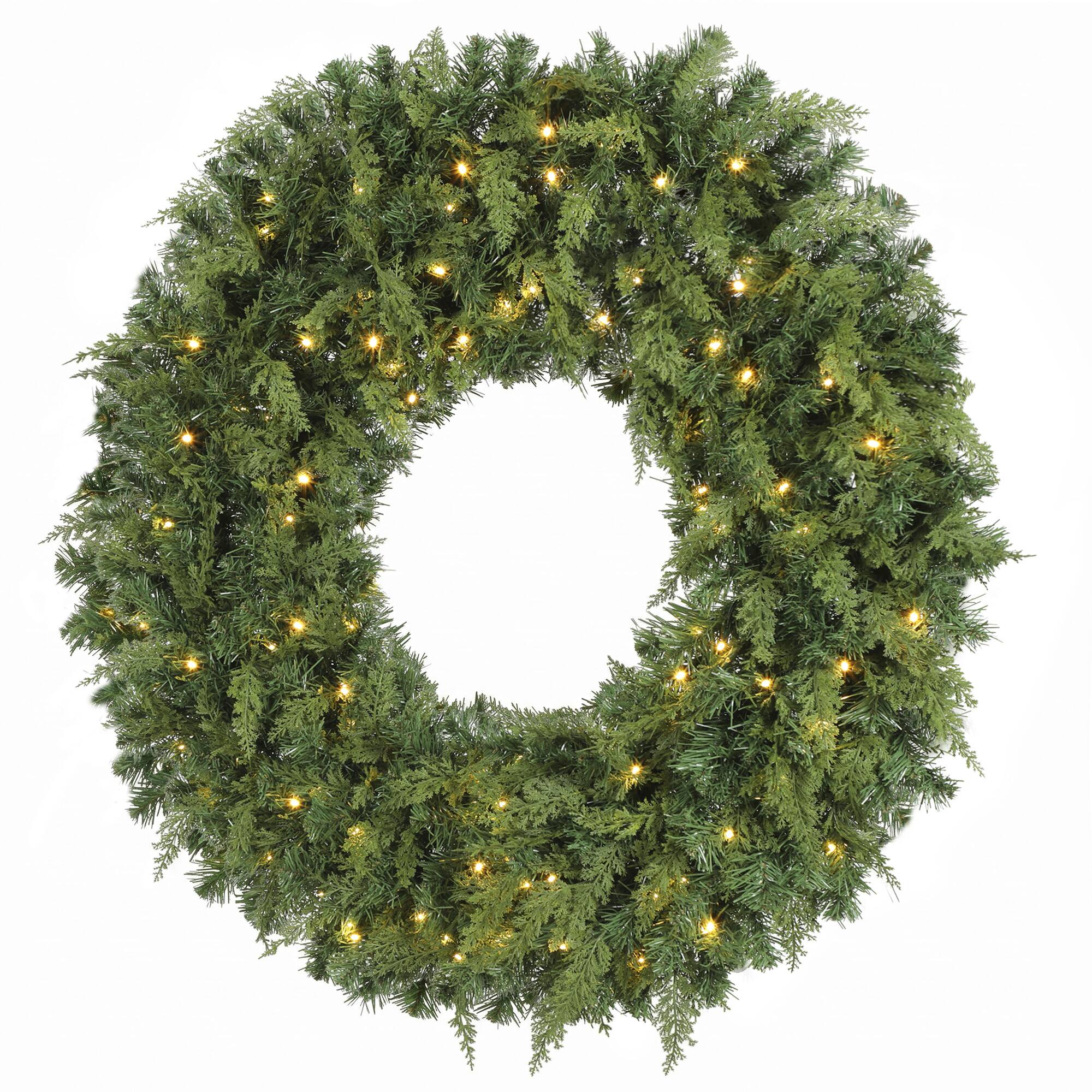 Front. Homcom - Prelit Crestwood Spruce Artificial Christmas Wreath, Christmas Decor with Bow, LEDs, 8 Modes - Green.