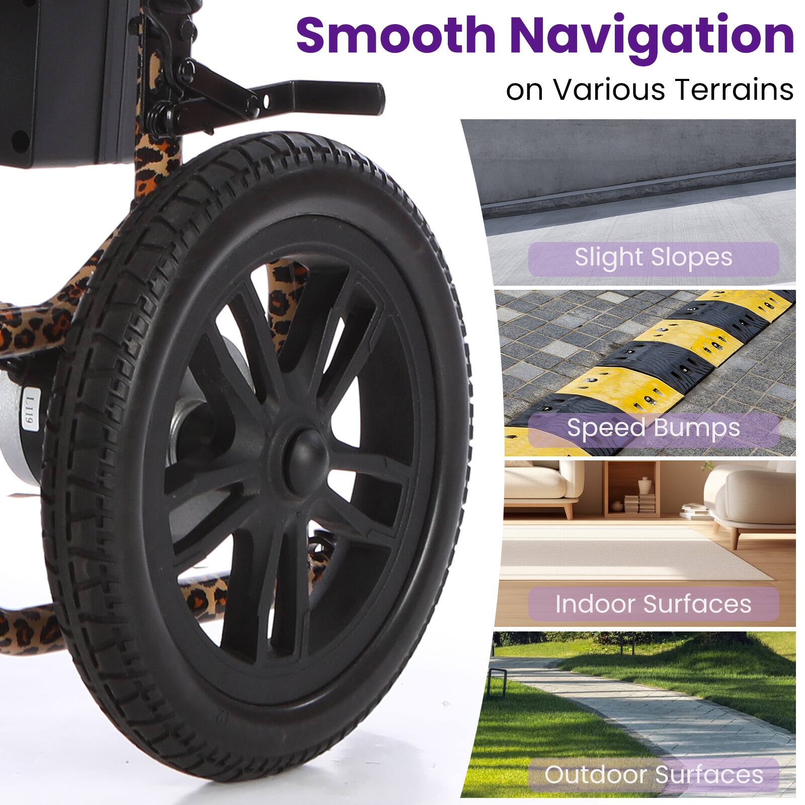 Smooth Navigation on Various Terrains  
- Slight Slopes  
- Speed Bumps  
- Indoor Surfaces  
- Outdoor Surfaces