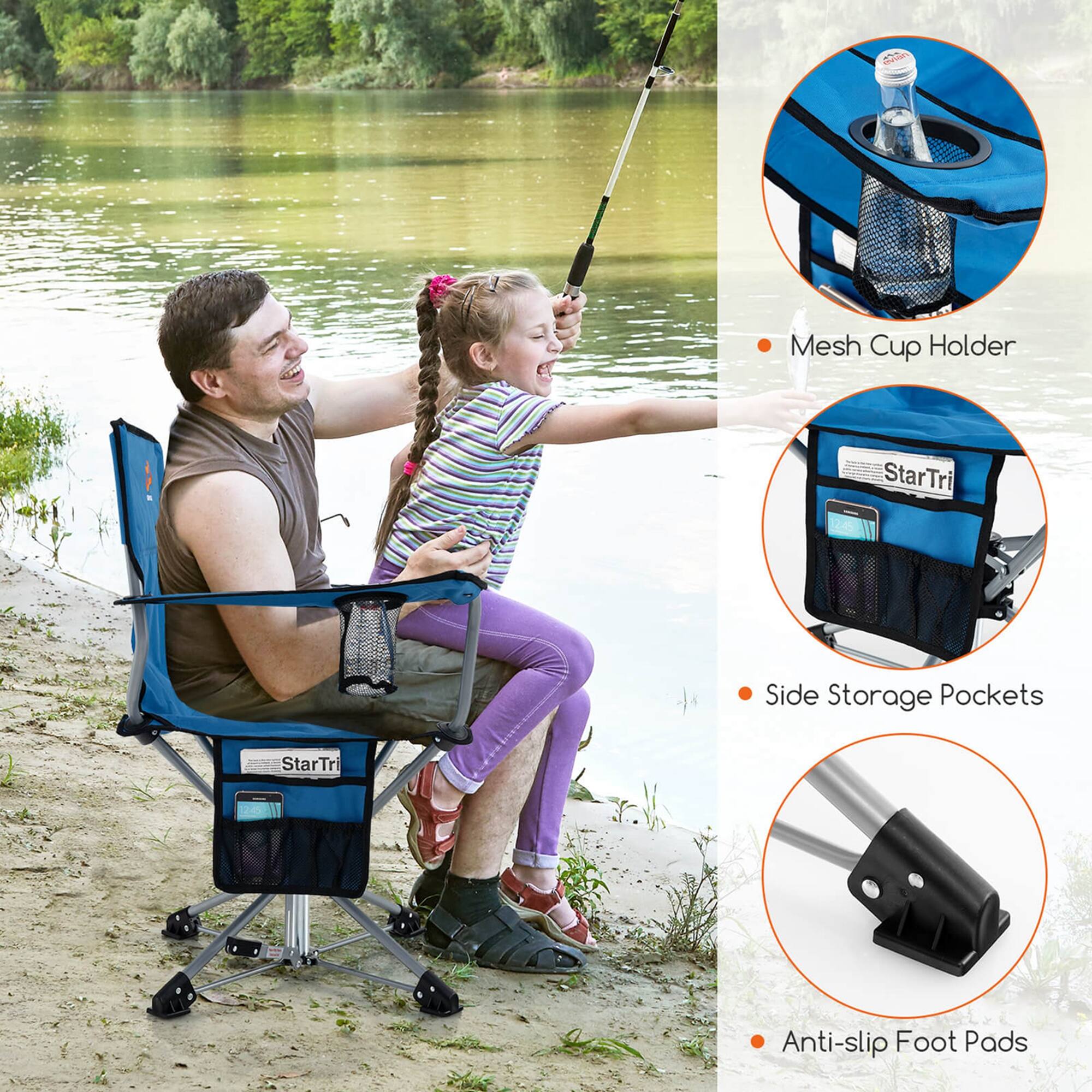 The image features a man and a girl sitting in a blue chair near a body of water. The chair has a mesh cup holder and side storage pockets, making it a convenient spot for fishing or spending time outdoors. The man and the girl are enjoying their time together, possibly engaging in fishing activities. The chair also has anti-slip foot pads to ensure safety while sitting on the ground.