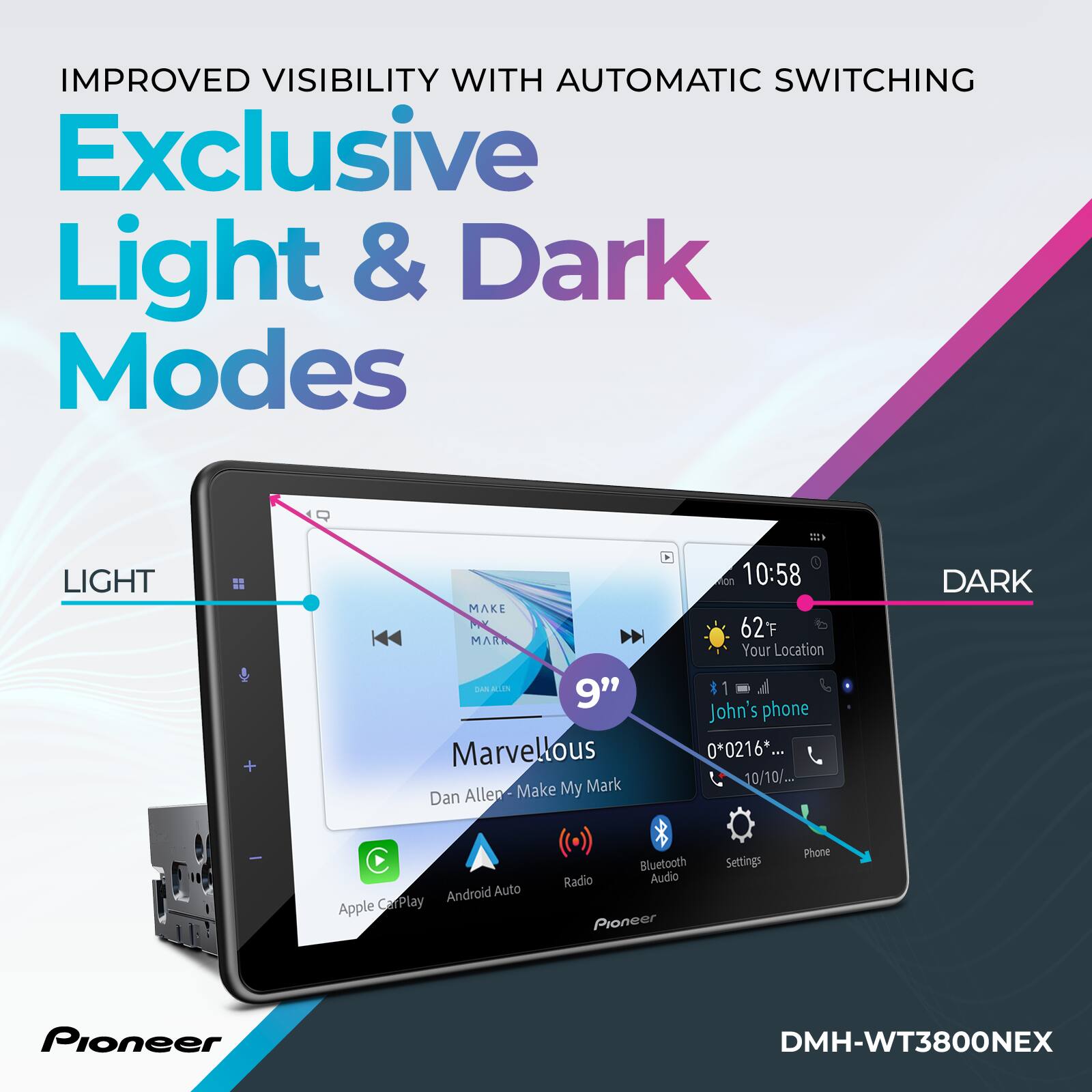 Improved Visibility with Automatic Switching: Exclusive Light & Dark Modes

I9 a Light Make My Mark Dan Allen on 10:58 62F Your Location 1 1 John's phone 00216* ... 10/10/. Dark C Android Auto Apple CarPlay Bluetooth Radio Audio Pioneer Settings Phone Pioneer DMH-WT3800NEX