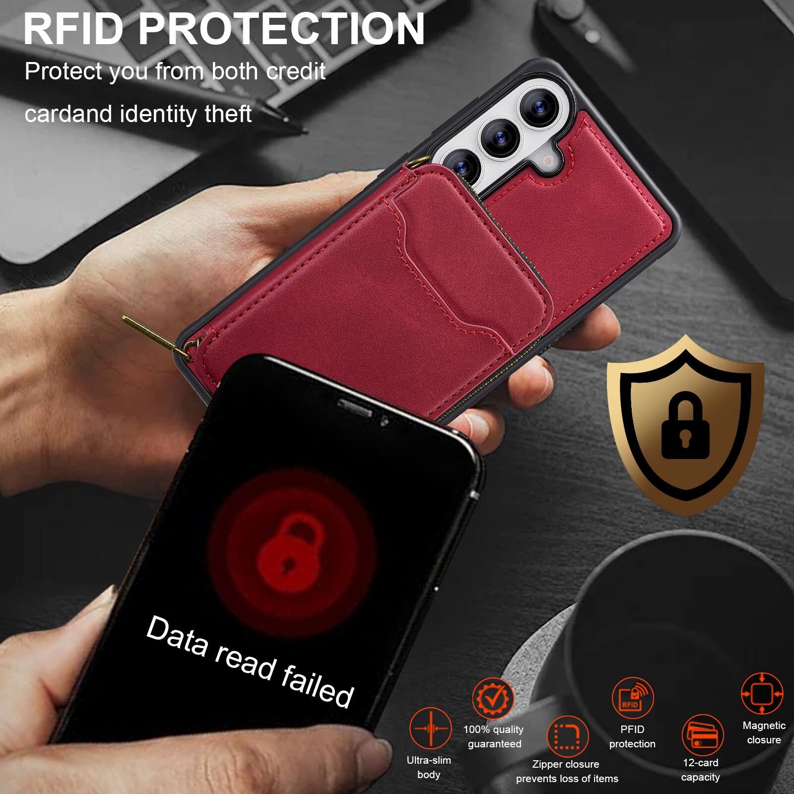 RFID PROTECTION  
Protect you from both credit card and identity theft  

Data read failed  

100% quality guaranteed protection  
Ultra-slim closure  
Zipper body prevents loss of items  
Magnetic closure  
12-card capacity  

RFID PROTECTION  
Protect you from both credit card and identity theft  

100% quality guaranteed  
RFID protection  
Zipper closure prevents loss of items  
Magnetic closure  
12-card capacity