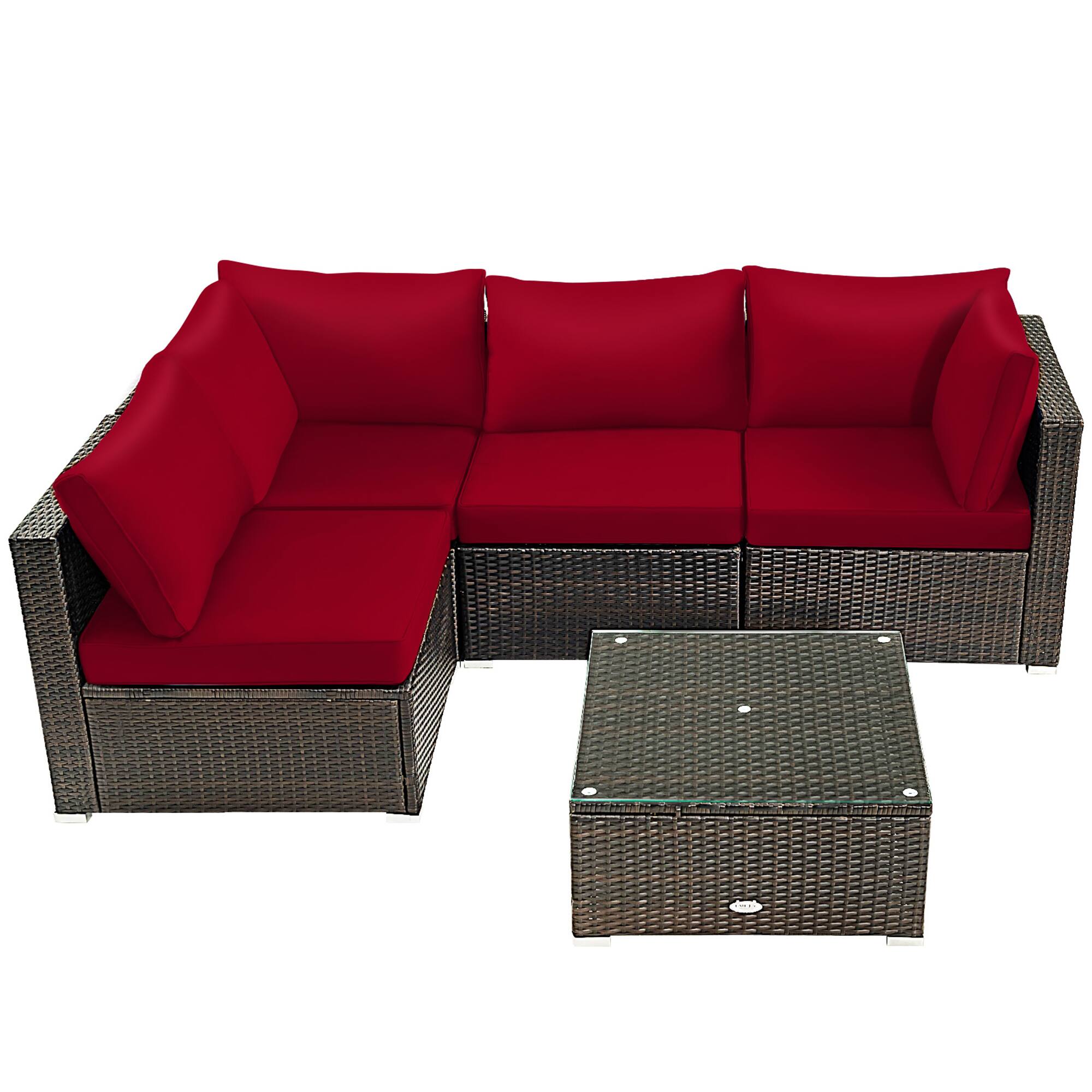 Alt View 9. Gymax - Gymax 5PCS Rattan Patio Conversation Set Sofa Furniture Set w/ Red Cushions - Mix brown.