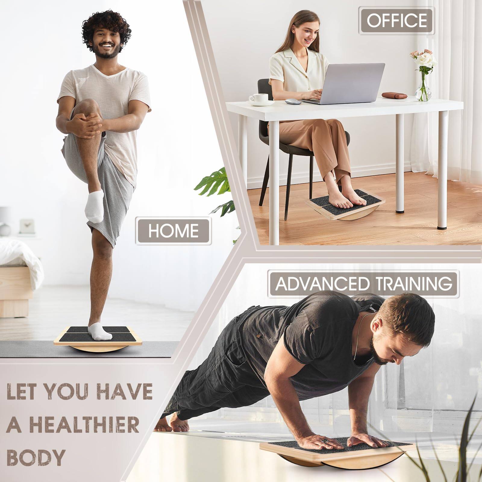 Sure, here is the corrected and grouped text from the image:

---

**OFFICE HOME ADVANCED TRAINING**

LET YOU HAVE A HEALTHIER BODY

---

**OFFICE**

**HOME**

**ADVANCED TRAINING**
