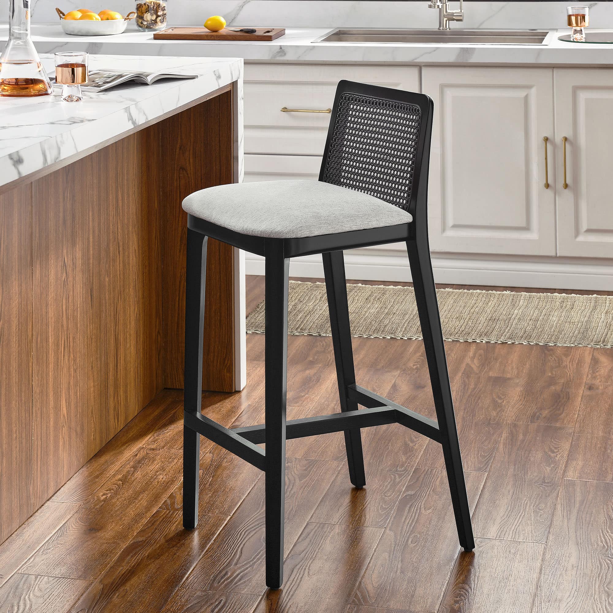 Monarch Wood and Rattan Bar Stool by Modway - Black Black Heathered Weave Ivory