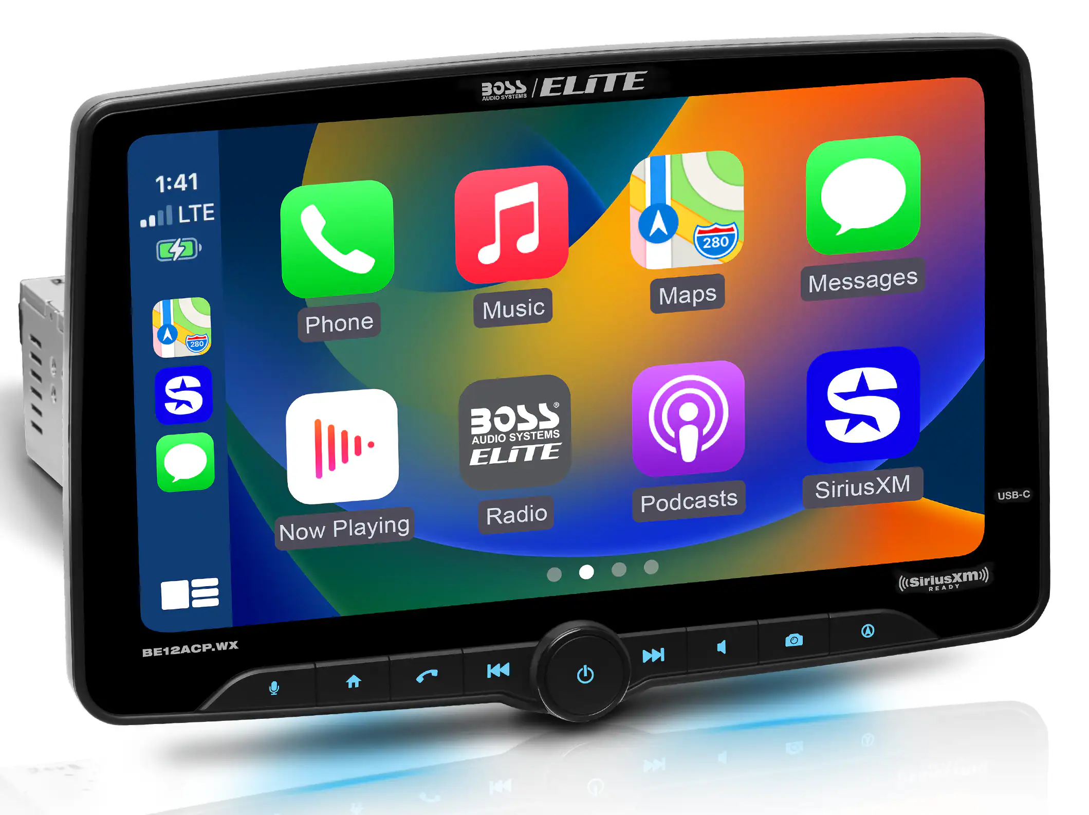 The text on the image reads "SSCE SPSISNS / ELITE AILRO 1:41 LTE A 280 S Phone Now Playing Music BOSS AUDIO SYSTEMS ELITE Radio 280 Maps Podcasts Messages SiriusXM USB-C (Sirusxm) READY BE12ACP.WX N A K DN ee (nxu)". The text has been grouped and corrected as follows:
"SSCE SPSISNS / ELITE AILRO 1:41 LTE A 280 S Phone Now Playing Music BOSS AUDIO SYSTEMS ELITE Radio 280 Maps Podcasts Messages SiriusXM USB-C (Sirusxm) READY BE12ACP.WX N A K DN ee (nxu)".