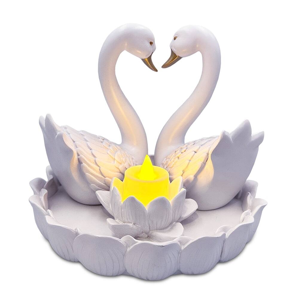Back. OrnamentallyYou - Elegance in Union Swan Figurine and Tealight Candle, 7" Romantic Couples Gift for Valentine - White.