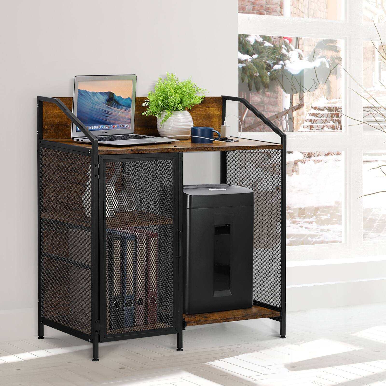 Alt View 1. Oumilen - Rustic Brown Industrial File Cabinet with Charging Station & Sliding Shelf.