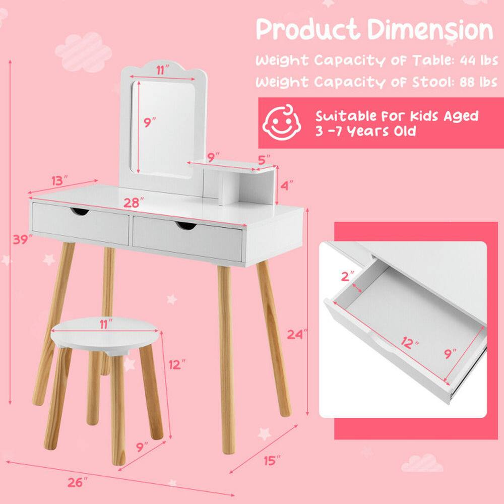 Product Dimension  
Weight Capacity of Table: 44 lbs  
Weight Capacity of Stool: 88 lbs  
Suitable for kids aged 3-7 years old  

11"  
9"  
13"  
28"  
39"  
5"  
4"  
11"  
12"  
24"  
9"  
15"  
26"