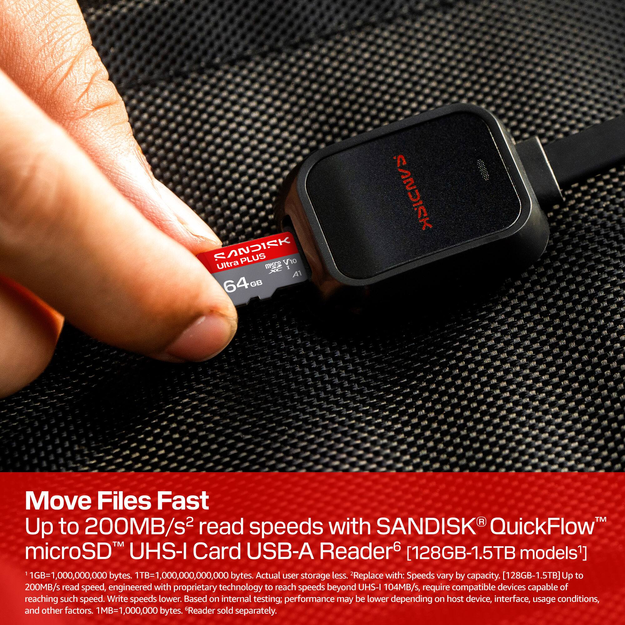 SANDISK PLUS V10 Ultra  
SC A1 64 GB SANDISK  
Move Files Fast  
Up to 200MB/s read speeds with SANDISK QuickFlow™ microSD UHS-I Card USB-A Reader [128GB-1.5TB models]  
1GB= 1,000,000,000 bytes. 1TB=1,000,000,000,000 bytes. Actual user storage less.  
Replace with: Speeds vary by capacity. [128GB-1.5TB] Up to 200MB/s read speed, engineered with proprietary technology to reach speeds beyond UHS-I 104MB/s, require compatible devices capable of reaching such speed. Write speeds lower. Based on internal testing: performance may be lower depending on host device, interface, usage conditions, and other factors. MB=1,000,000 bytes.  
"Reader sold separately.