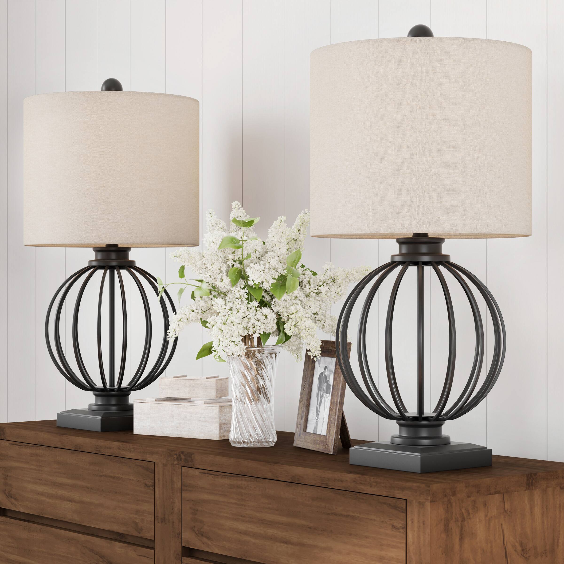 Angle. Lavish Home - Set of 2 Modern Table Lamps - Matte Black and Natural Linen.