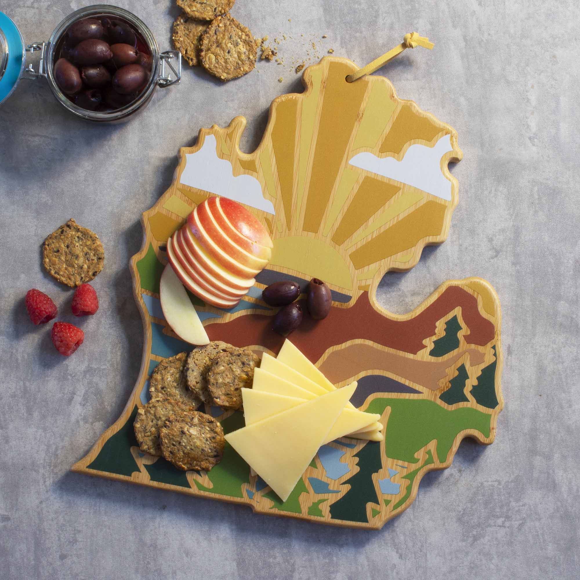 Angle. Totally Bamboo - Michigan Mitten Cutting Board with Artwork by Summer Stokes.
