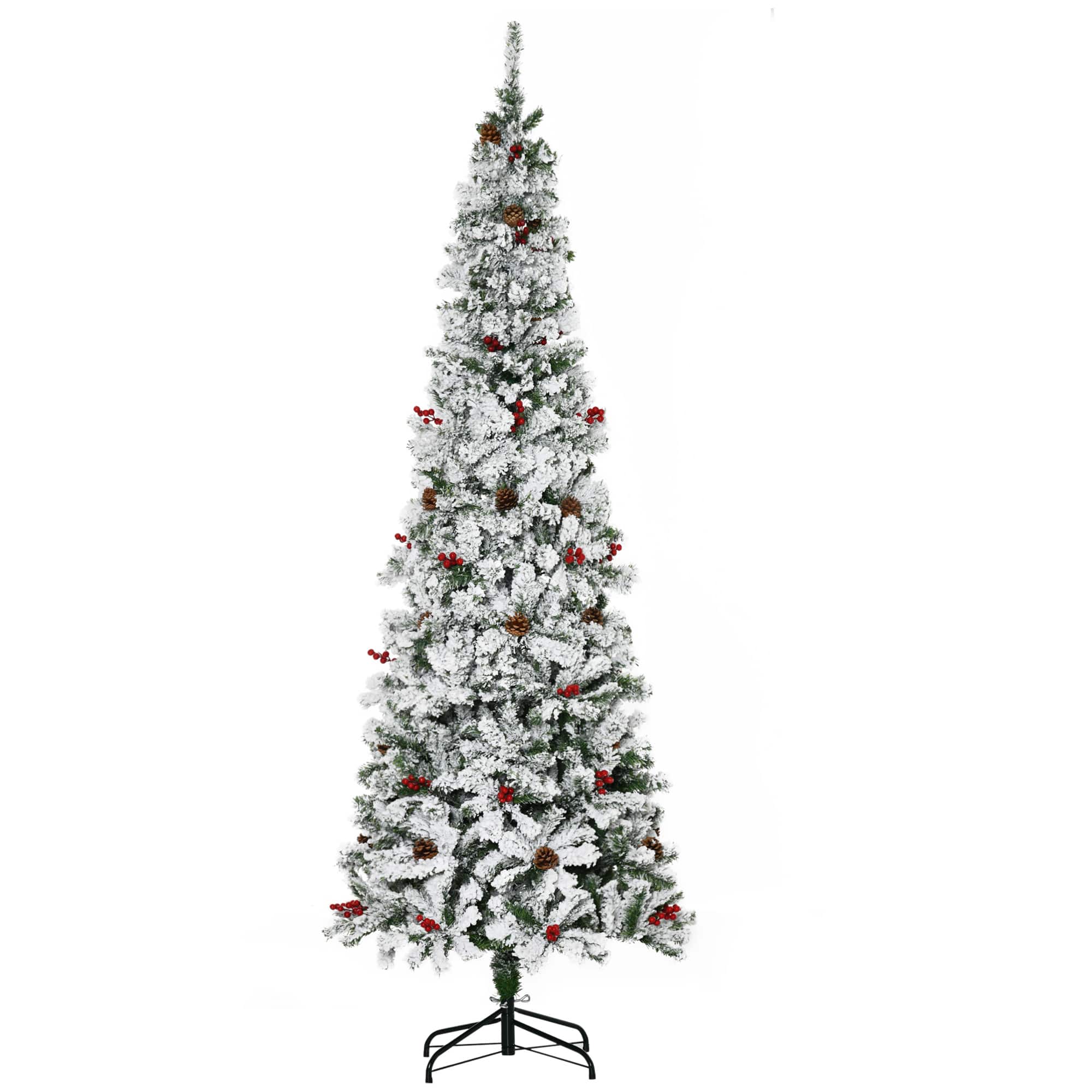 Front. Homcom - Pencil Snow Flocked Artificial Christmas Tree, 600 Pine Branches Berries - Green.