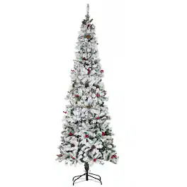 Homcom - Pencil Snow Flocked Artificial Christmas Tree, 600 Pine Branches Berries - Green